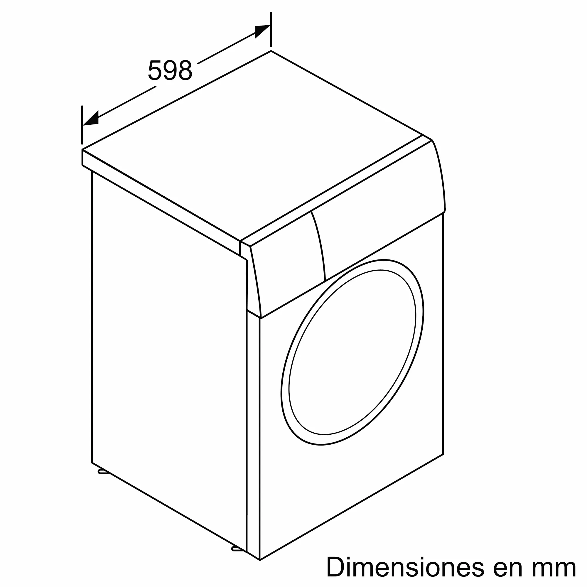 Vista isométrica de un contorno de lavadora. Muestra las dimensiones y una puerta frontal.