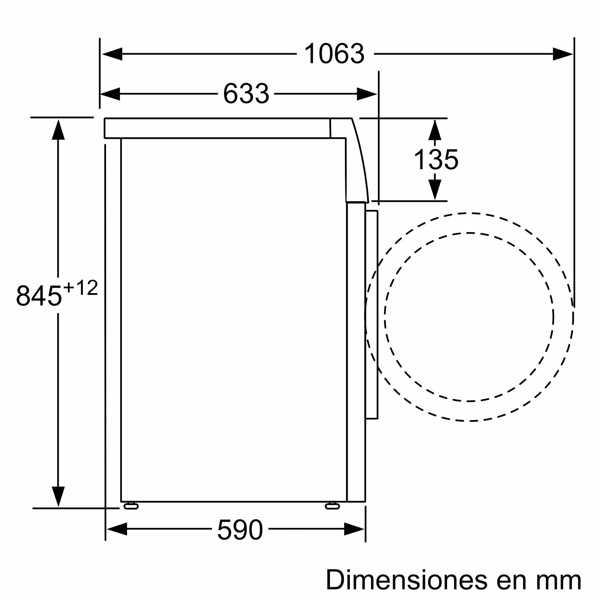 Diagrama de lavadora con dimensiones en mm: 1063x845+12x590. Un círculo punteado muestra el tambor.