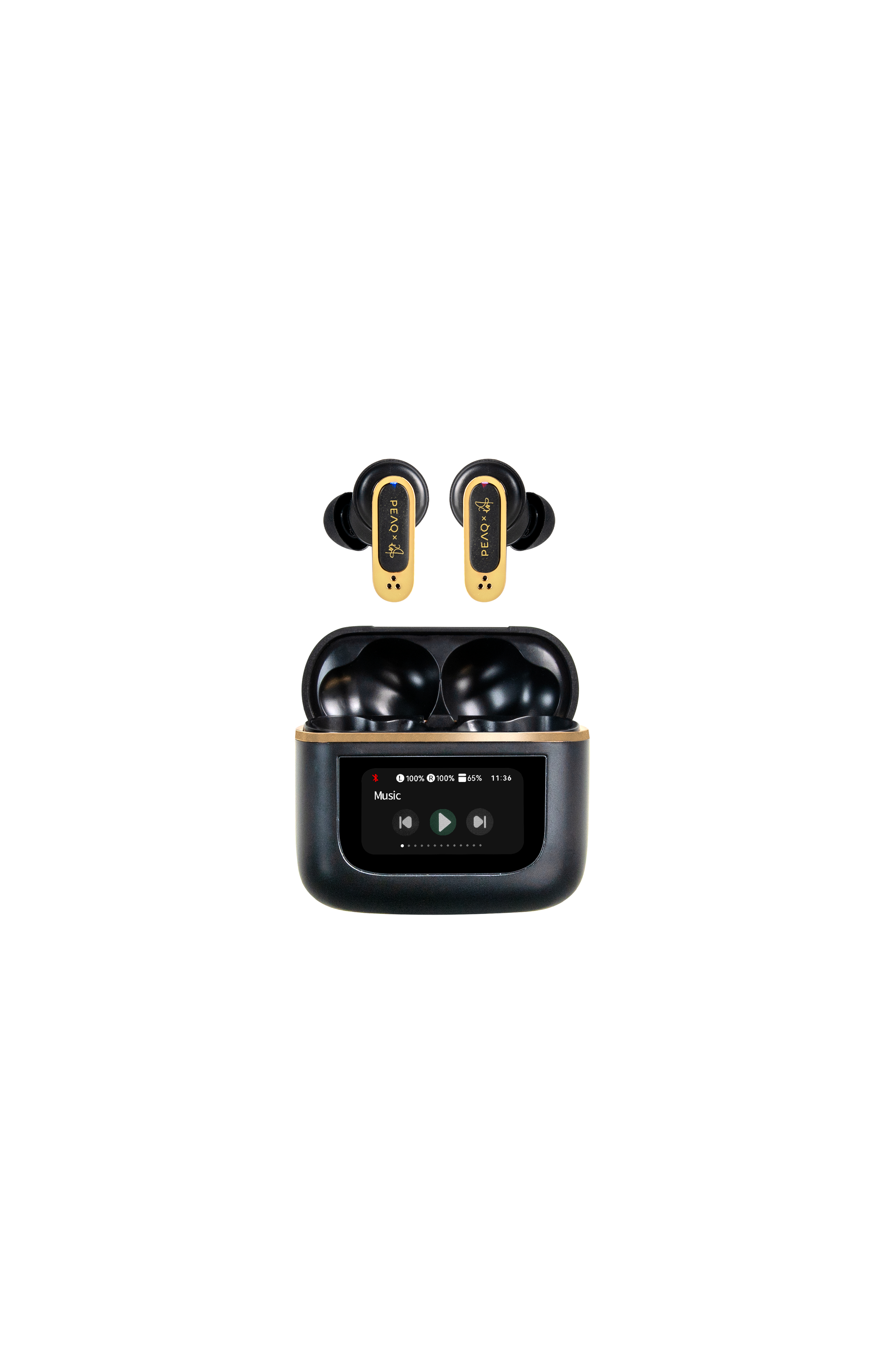 Schwarze und goldene Ohrhörer mit Ladecase. Das Case hat einen Bildschirm mit Musiksteuerung.