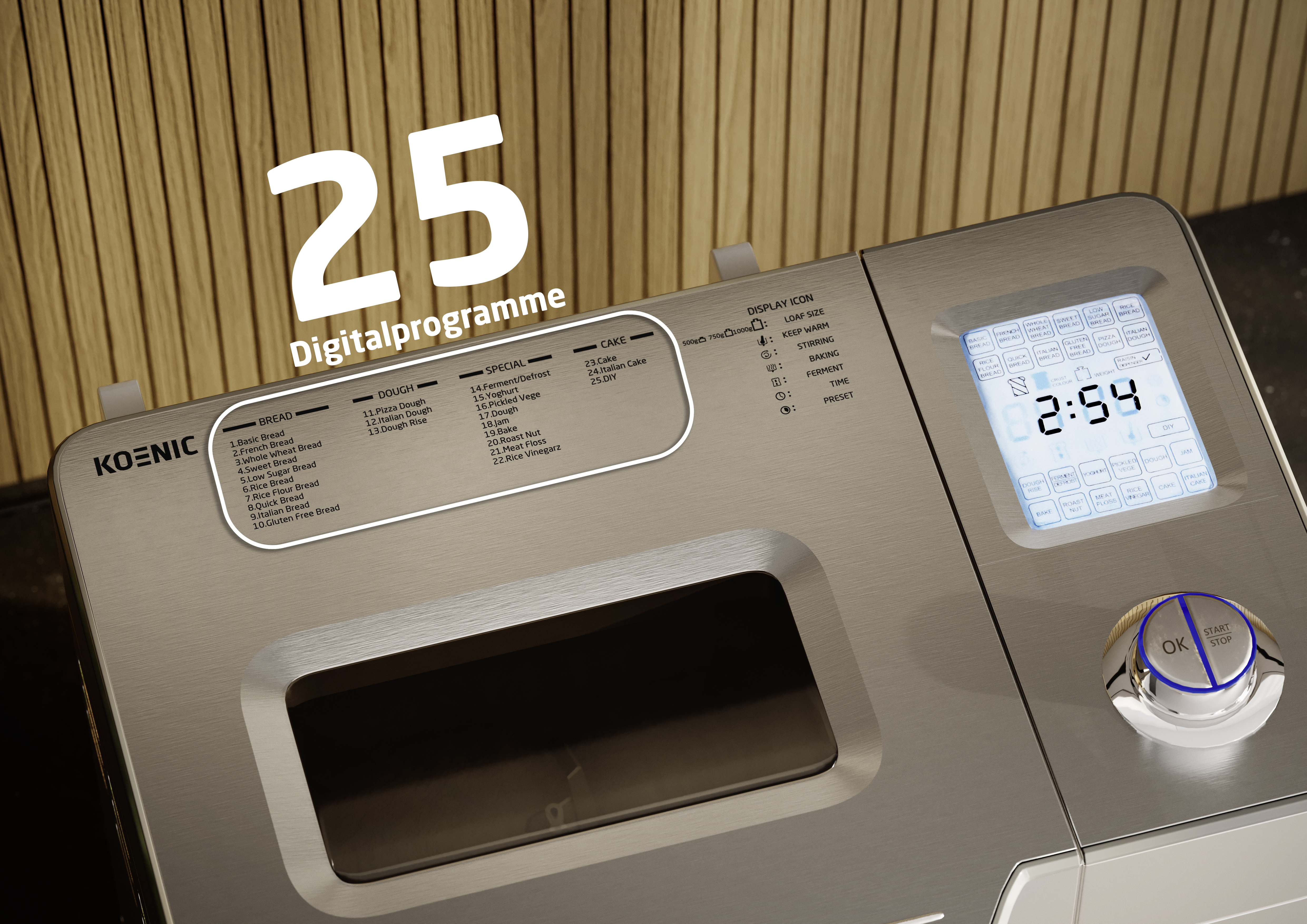 Brotbackautomat mit Digitalanzeige. Zeigt Zeit, Brotsorten und Steuertasten.