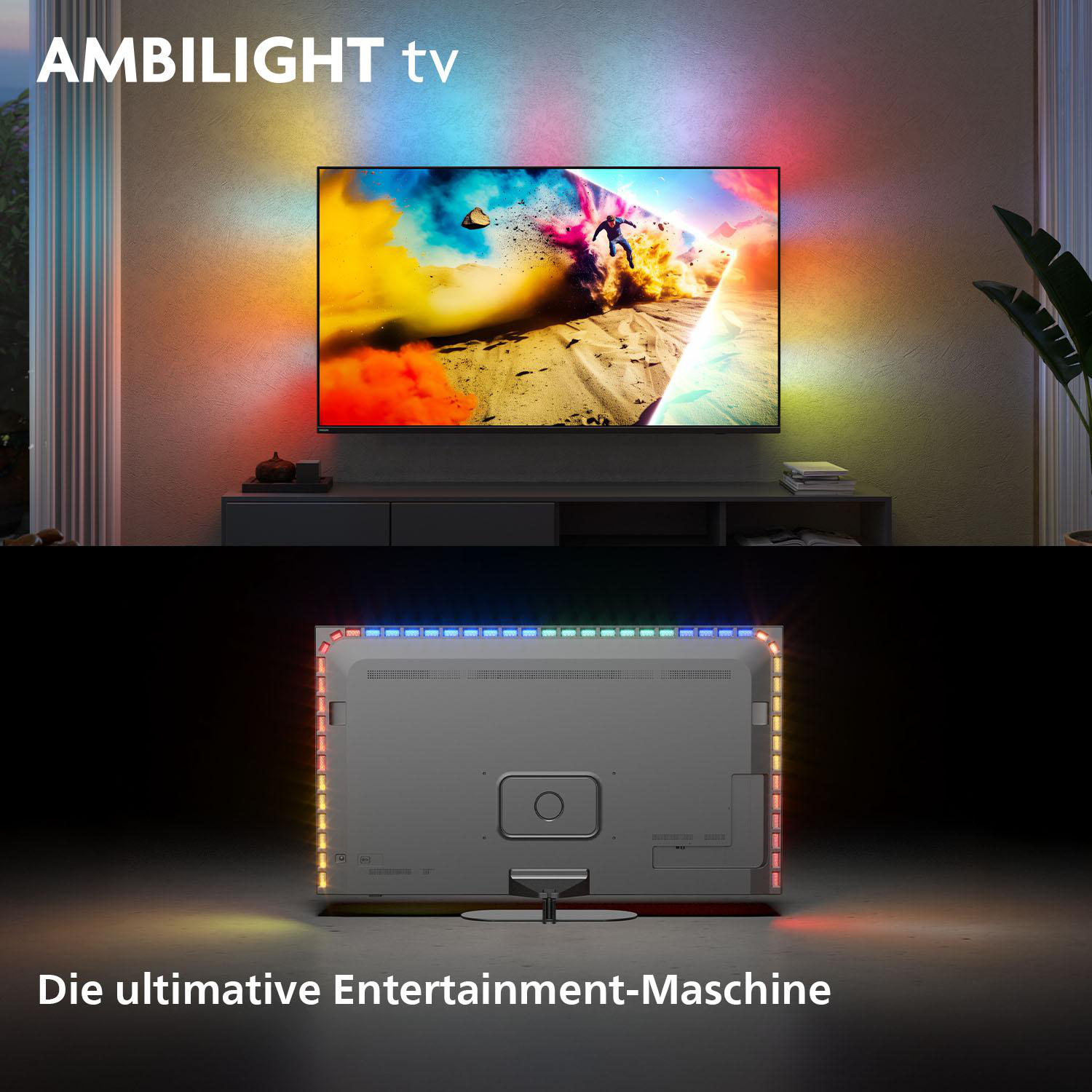 Ein Fernseher mit Ambilight, der farbenfrohe Bilder zeigt. Rückseite des Fernsehers zeigt Lichter. Text: Die ultimative Entertainment-Maschine.