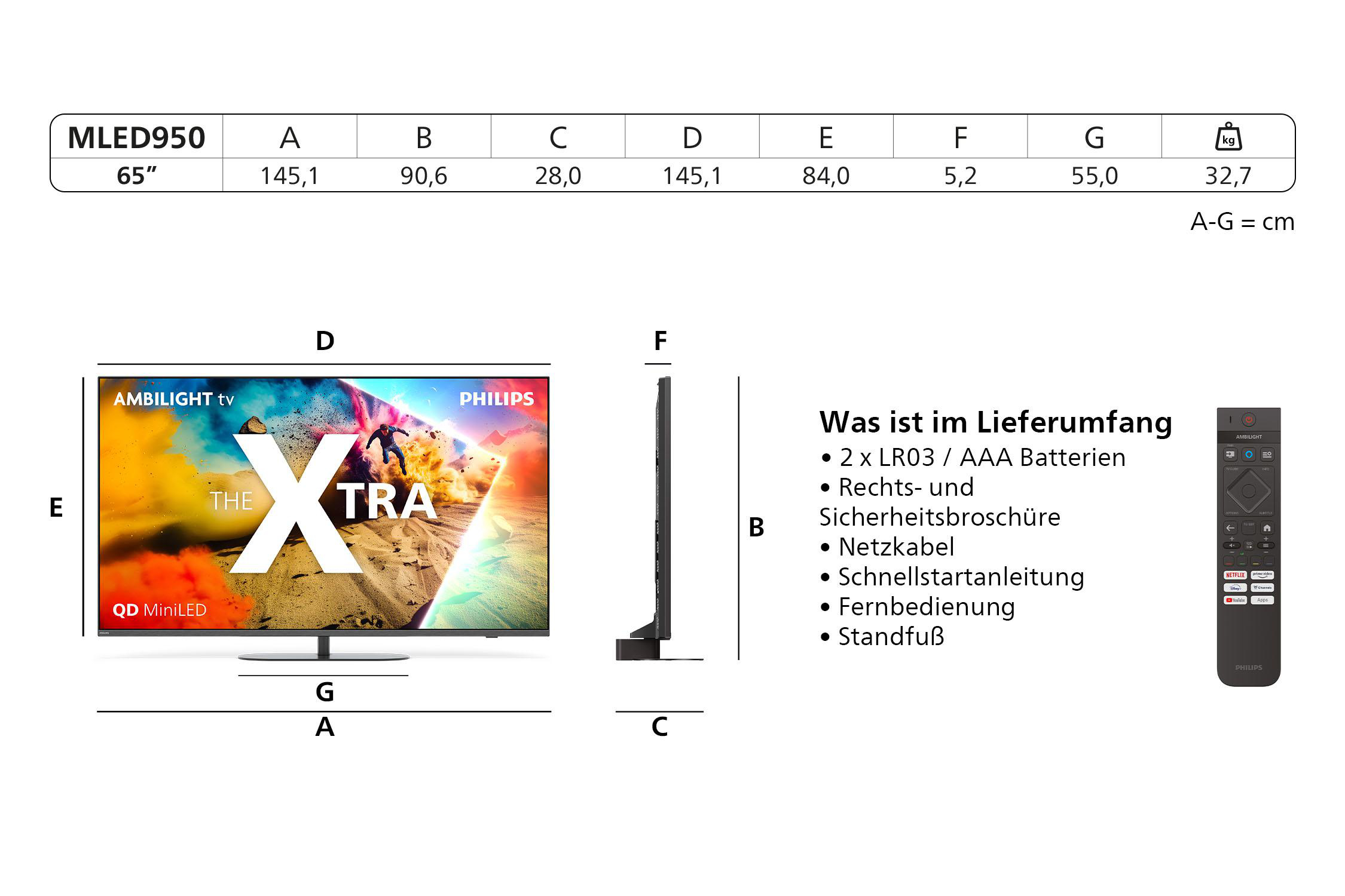 Ein Philips-Fernseher mit Abmessungen und Zubehör. Der Fernsehbildschirm zeigt ein Bild mit dem Wort 'XTRA'.