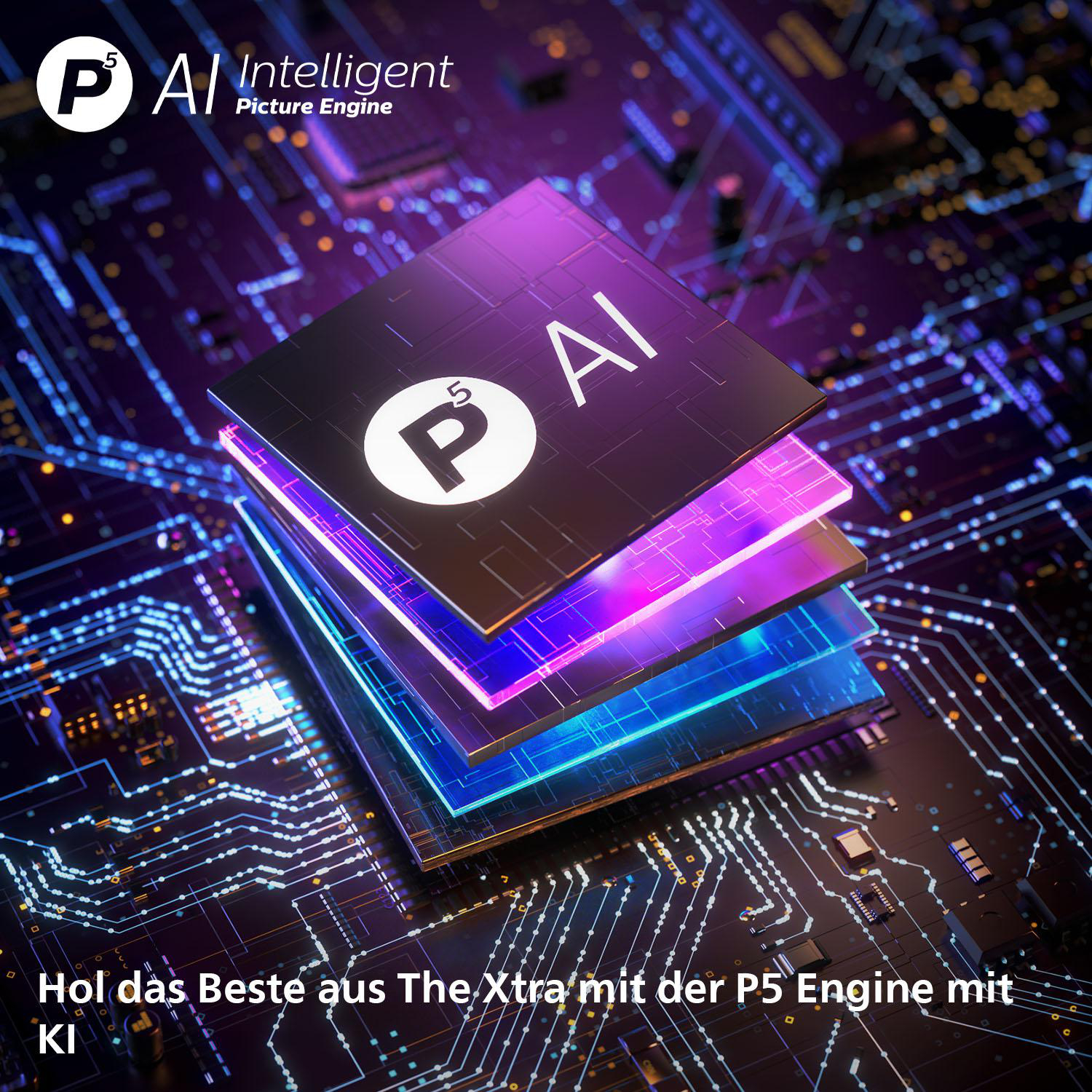 Das Bild zeigt einen geschichteten Prozessor mit "PAI" Logos, Text "Intelligent Picture Engine" und Leiterplattenhintergrund. Text unten auf Deutsch.
