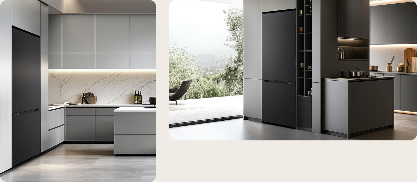 Moderne Küche mit schwarzem Kühlschrank, grauen Schränken und Marmorrückwand. Durch ein großes Fenster ist Natur zu sehen.