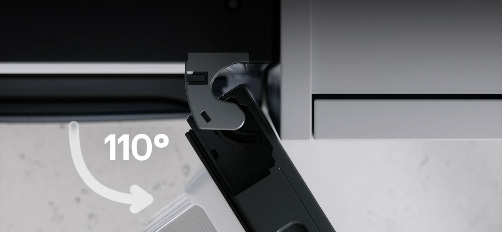 Nahaufnahme eines schwarzen und grauen Mechanismus. Der Winkel beträgt 110 Grad, durch einen Pfeil angezeigt. Der Hintergrund ist hellgrau.