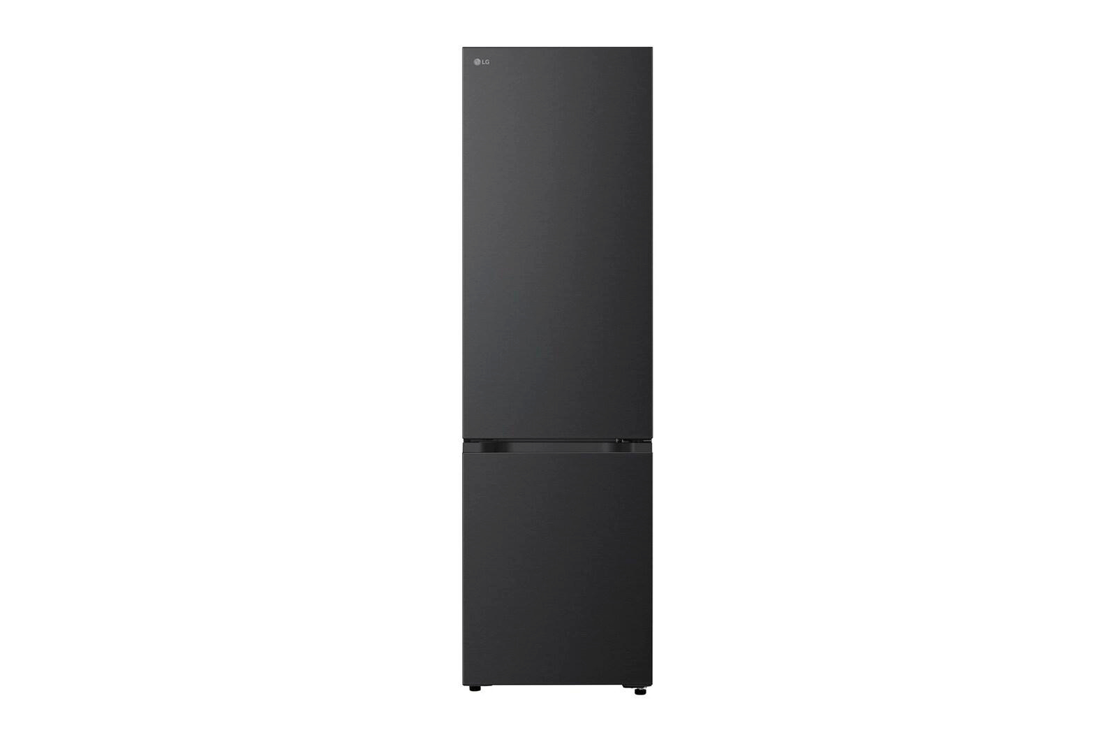 Ein schwarzer LG-Kühlschrank mit einem oberen Teil und einem unteren Gefrierfach. Das LG-Logo befindet sich oben rechts.