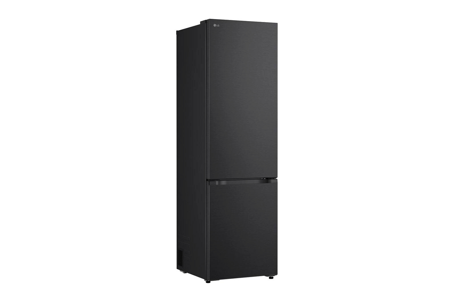 Ein schwarzer LG-Kühlschrank. Er hat zwei Türen, ein Gefrierfach unten und einen Kühlschrank oben. Der Hintergrund ist weiß.