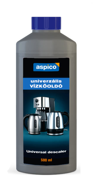 Szürke vízkőoldó flakon kék kupakkal. A címkén kávéfőző, vízforraló látható, valamint magyar szöveg.