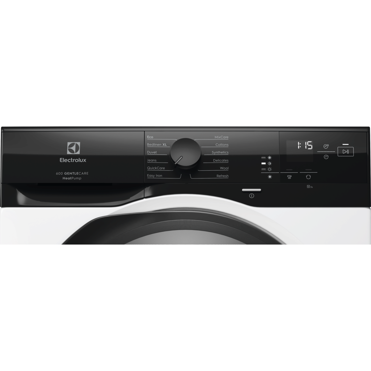 Fekete-fehér Electrolux szárító vezérlőpanel. Különböző beállításokat, egy 1:15-ös időzítőt és egyéb opciókat jelenít meg.