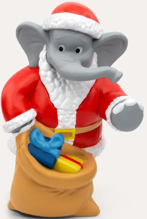 Un elefante vestito da Babbo Natale tiene un sacco di regali. Indossa un abito rosso, un cappello e ha una proboscide e orecchie grigie.