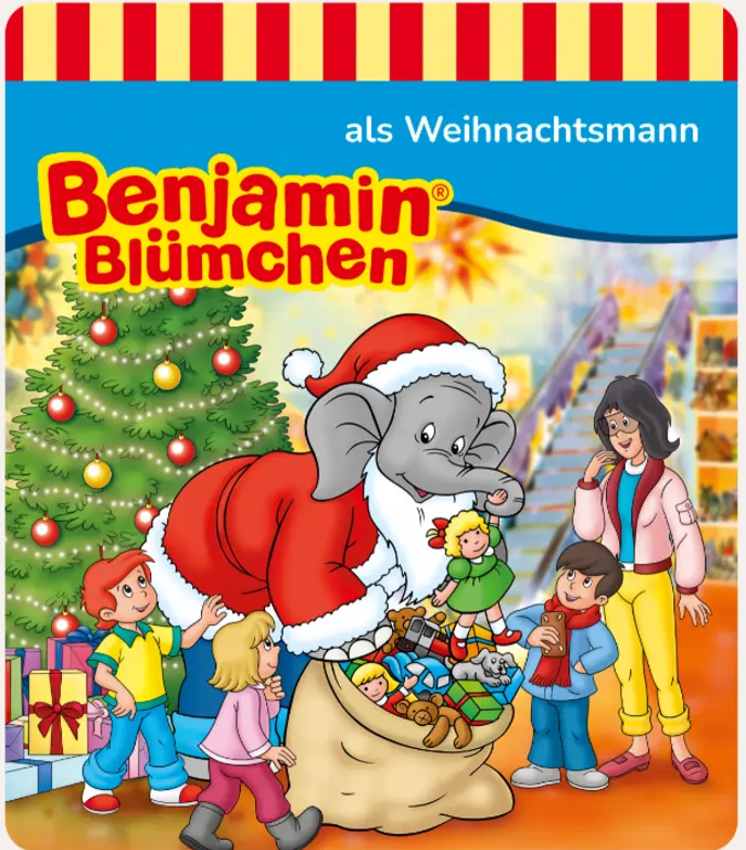 Benjamin Blümchen come Babbo Natale, elefante con bambini. Regali, albero di Natale e donna. Scena festiva con gioia e doni.