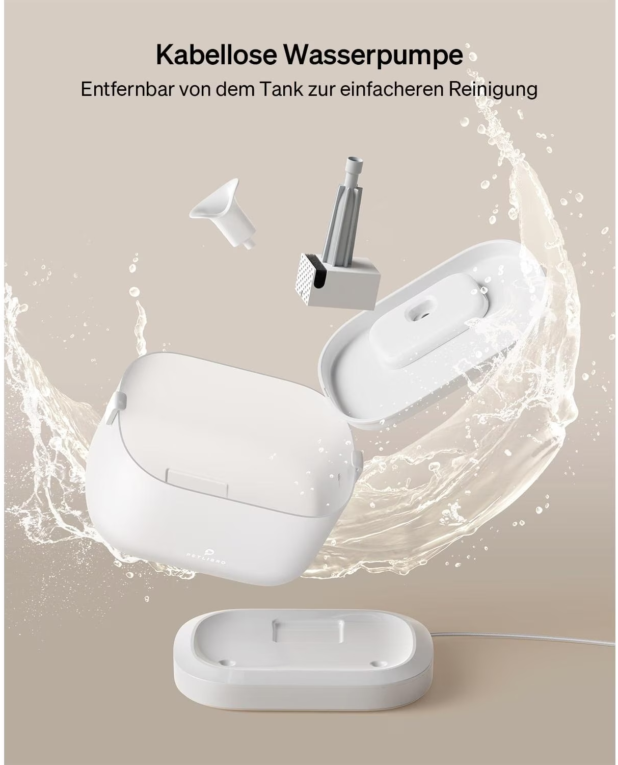 Componenti bianchi della pompa dell'acqua wireless con spruzzi d'acqua su sfondo beige. Include base, coperchio e varie parti.