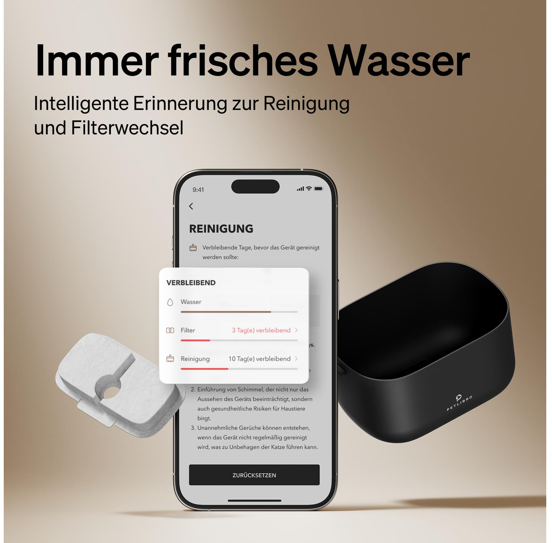 L'immagine mostra un telefono con promemoria di pulizia, un filtro, un contenitore nero e un filtro bianco.