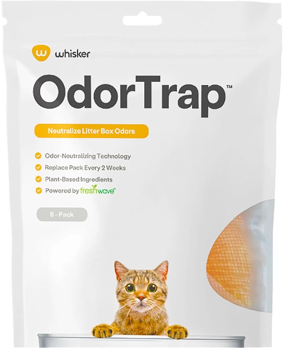 Una confezione di neutralizzatore di odori per lettiera per gatti 'OdorTrap'. Presenta un gatto, dettagli del prodotto e il logo 'whisker'.
