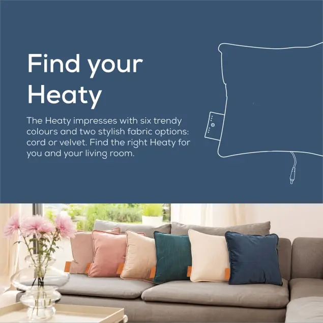 L'immagine mostra cuscini su un divano. Il testo recita 'Find your Heaty'. Sei cuscini di diversi colori sono disposti sul divano.