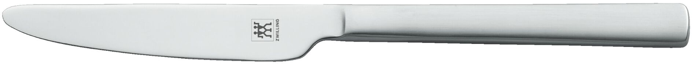 Ein glänzendes, silbernes Buttermesser mit abgerundeter Klinge. Der Griff hat das Zwilling-Logo. Der Hintergrund ist weiß.