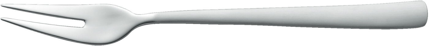 Eine silberne Gabel mit zwei Zinken und einem langen Griff vor weißem Hintergrund.