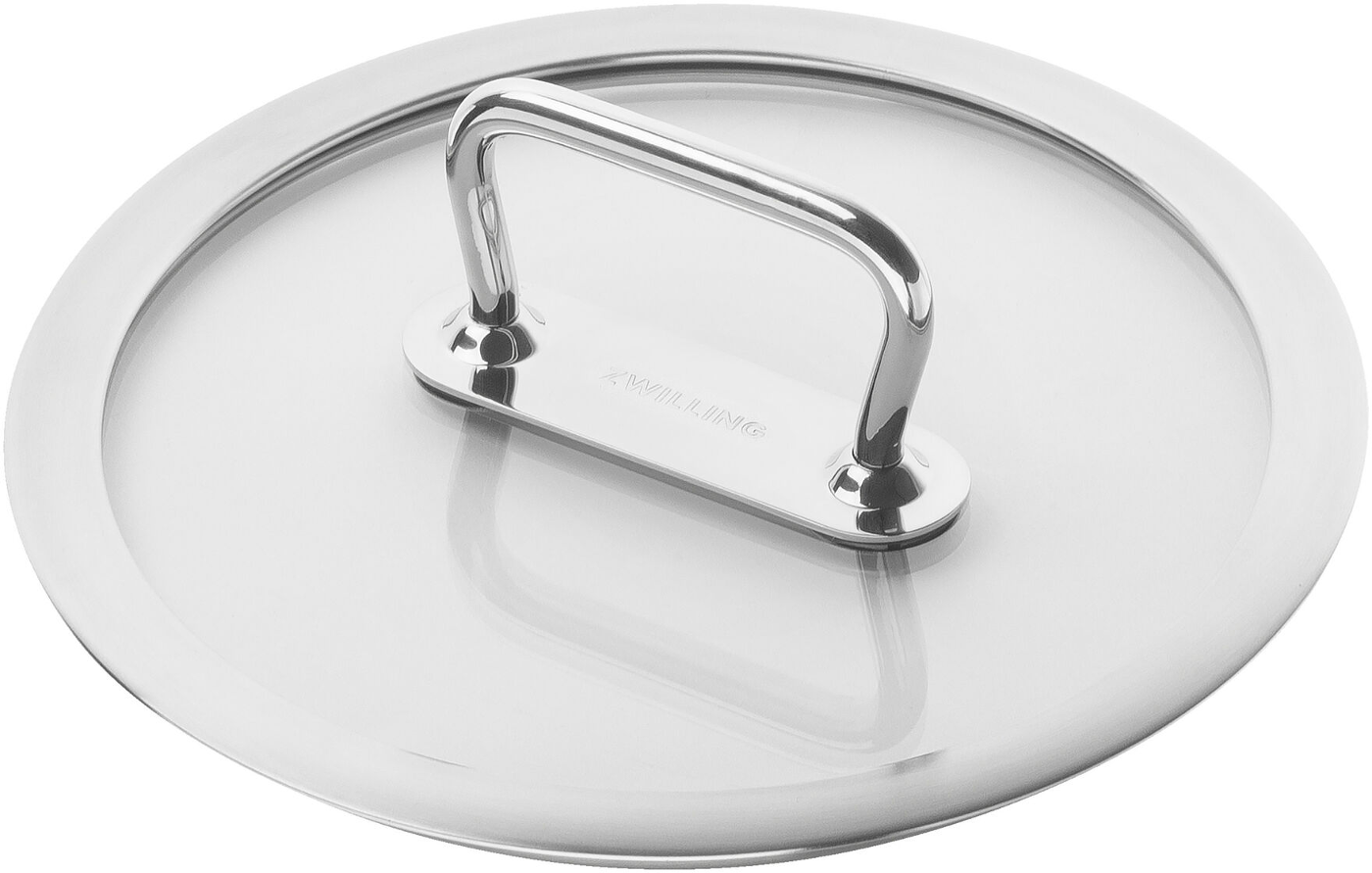 Ein klarer Zwilling-Topfdeckel mit Edelstahlgriff. Der Deckel ist rund und hat einen Edelstahlrand.