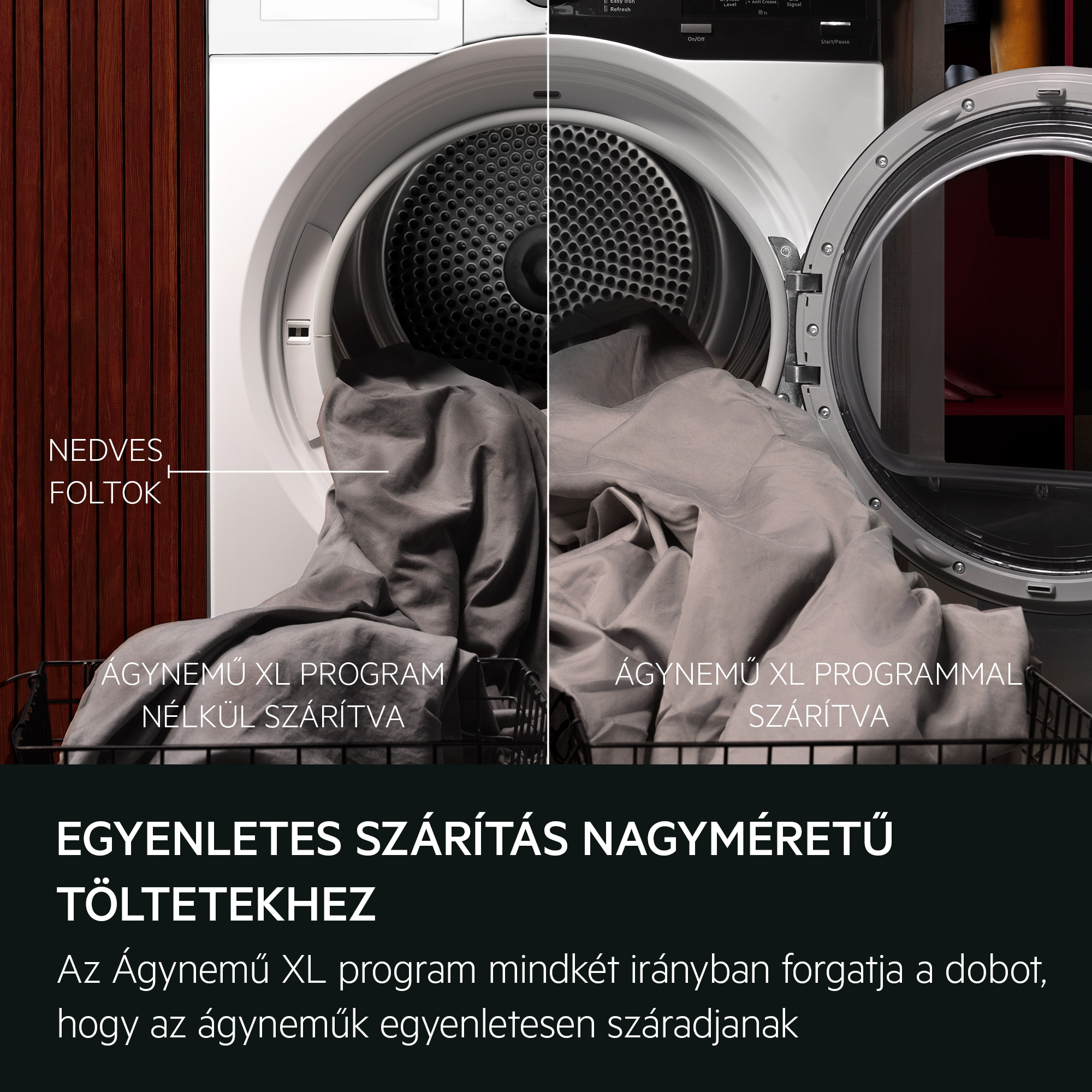 Egy szárítógép két oldallal, az egyik nedves foltokkal, a másik a szárítás eredményével. A szöveg a gép funkcióját írja le.