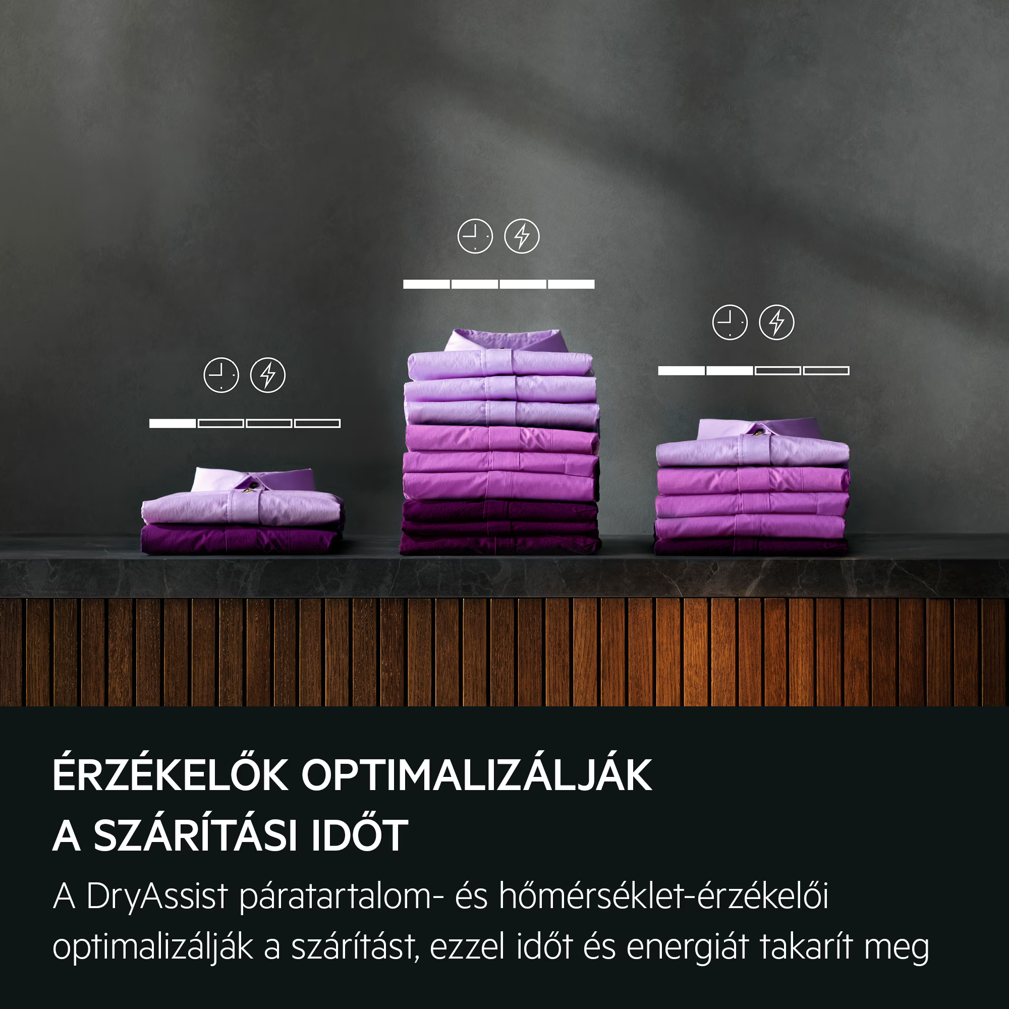 Hajtogatott lila ingek. Idő és energia szimbólumok. Az alsó szöveg az érzékelőkről, a szárítási idő optimalizálásáról szól.