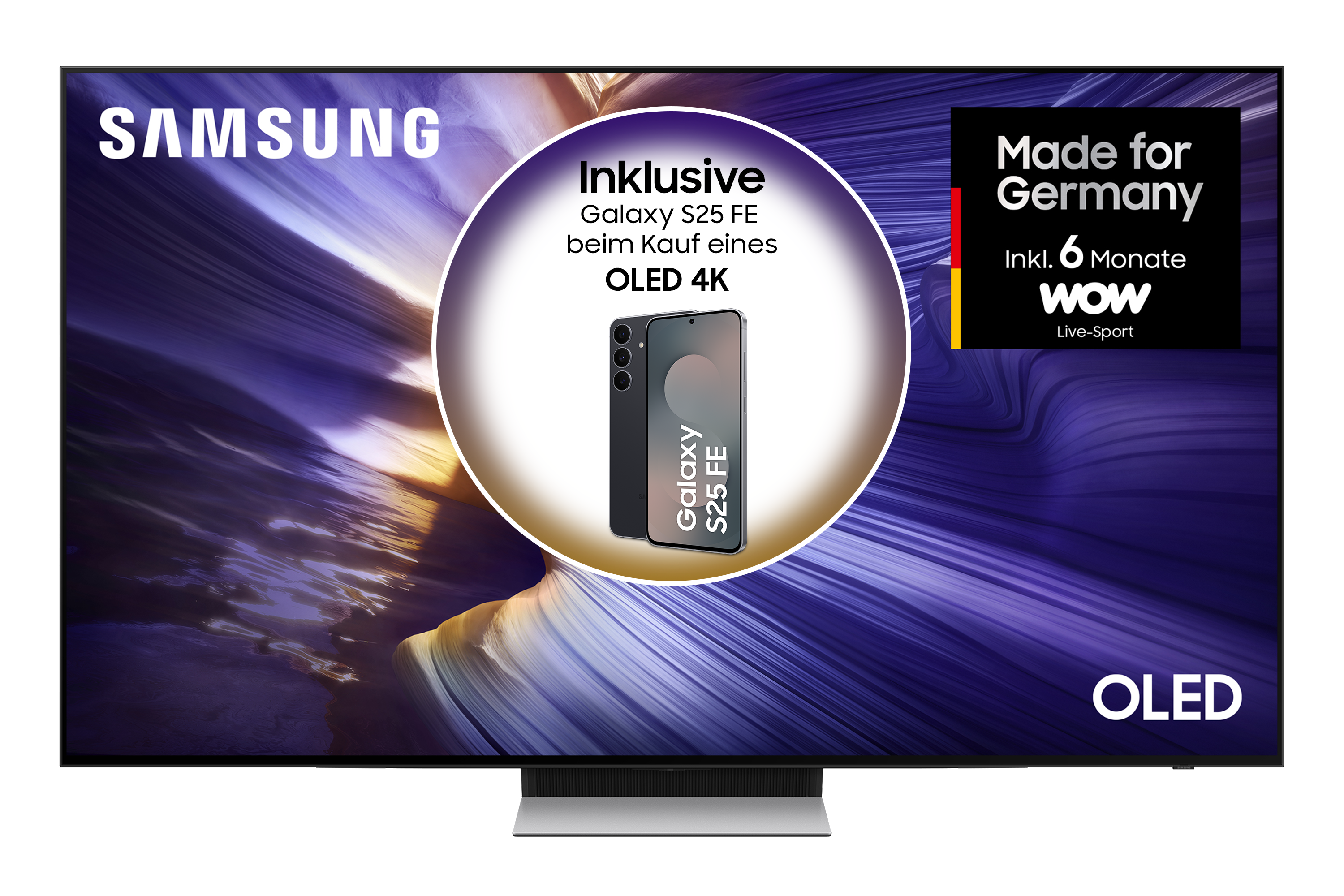 Werbung für Samsung OLED TV. Enthält ein Galaxy S25 FE-Telefon. Enthält auch 'Made for Germany' und 'WOW Live-Sport' Aktionen.