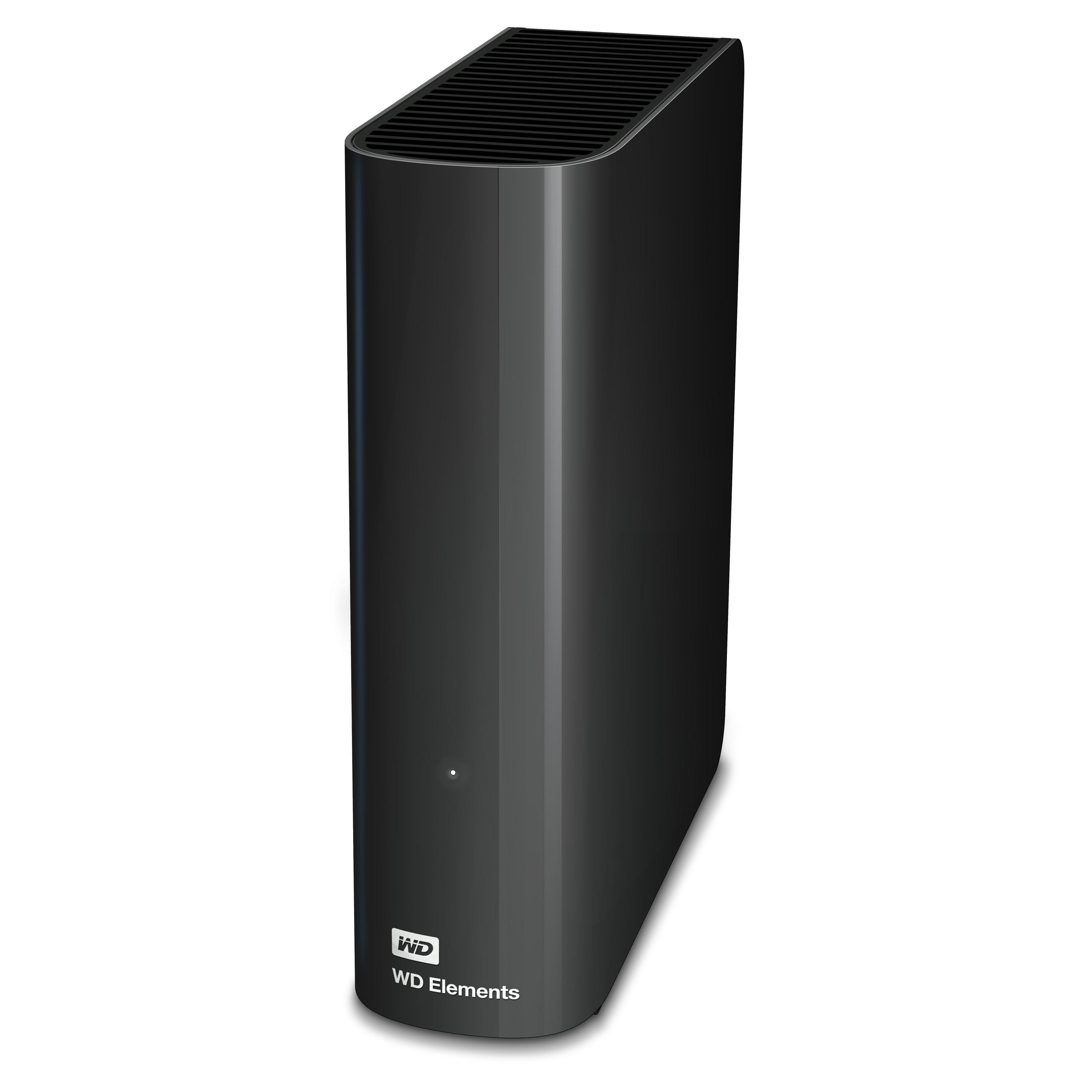 Eine schwarze externe Festplatte von WD Elements. Sie steht aufrecht mit geriffelter Oberseite. Das WD-Logo ist sichtbar.