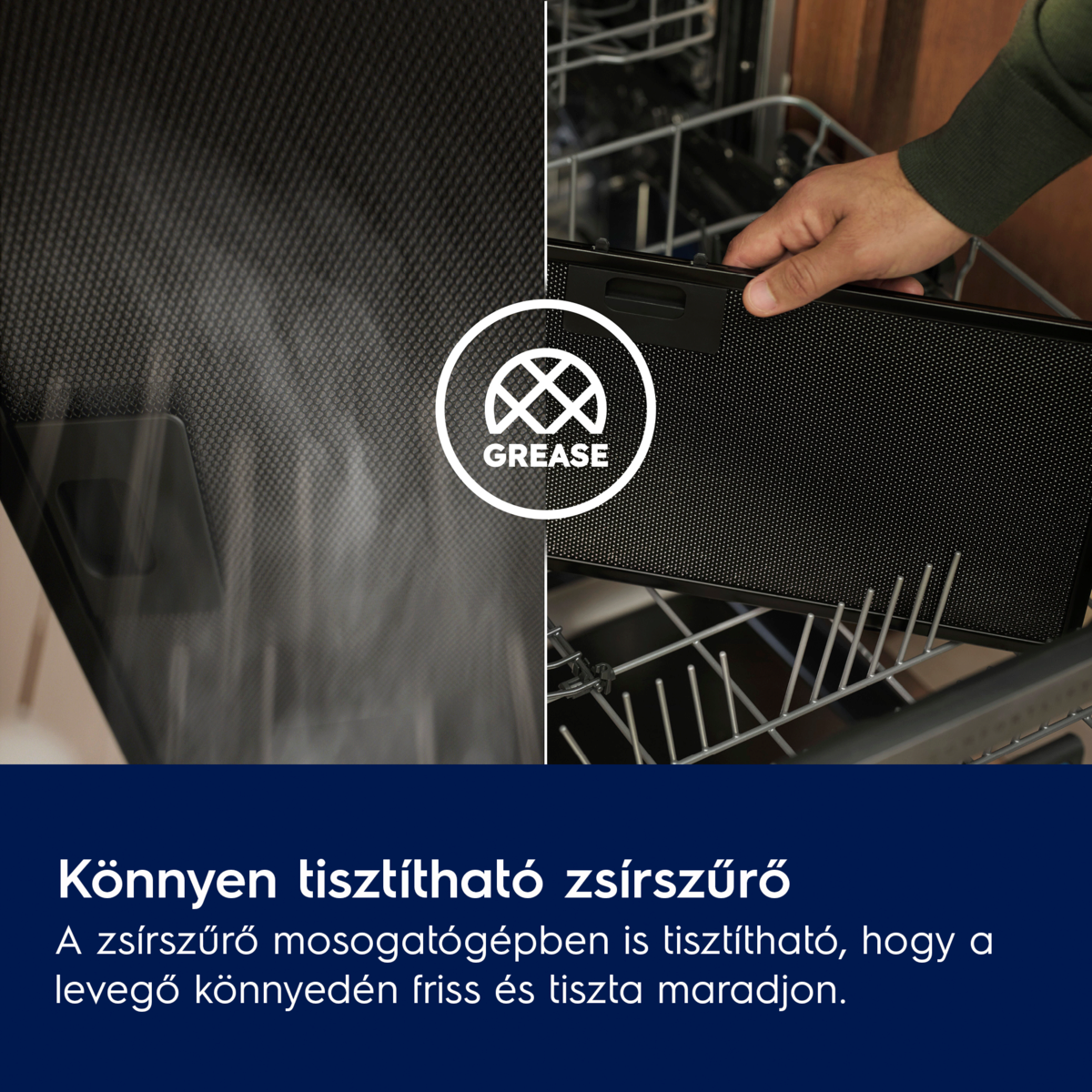 Egy személy egy fekete zsírszűrőt tart egy mosogatógépből. A szűrőt a mosogatógép állványába helyezik.