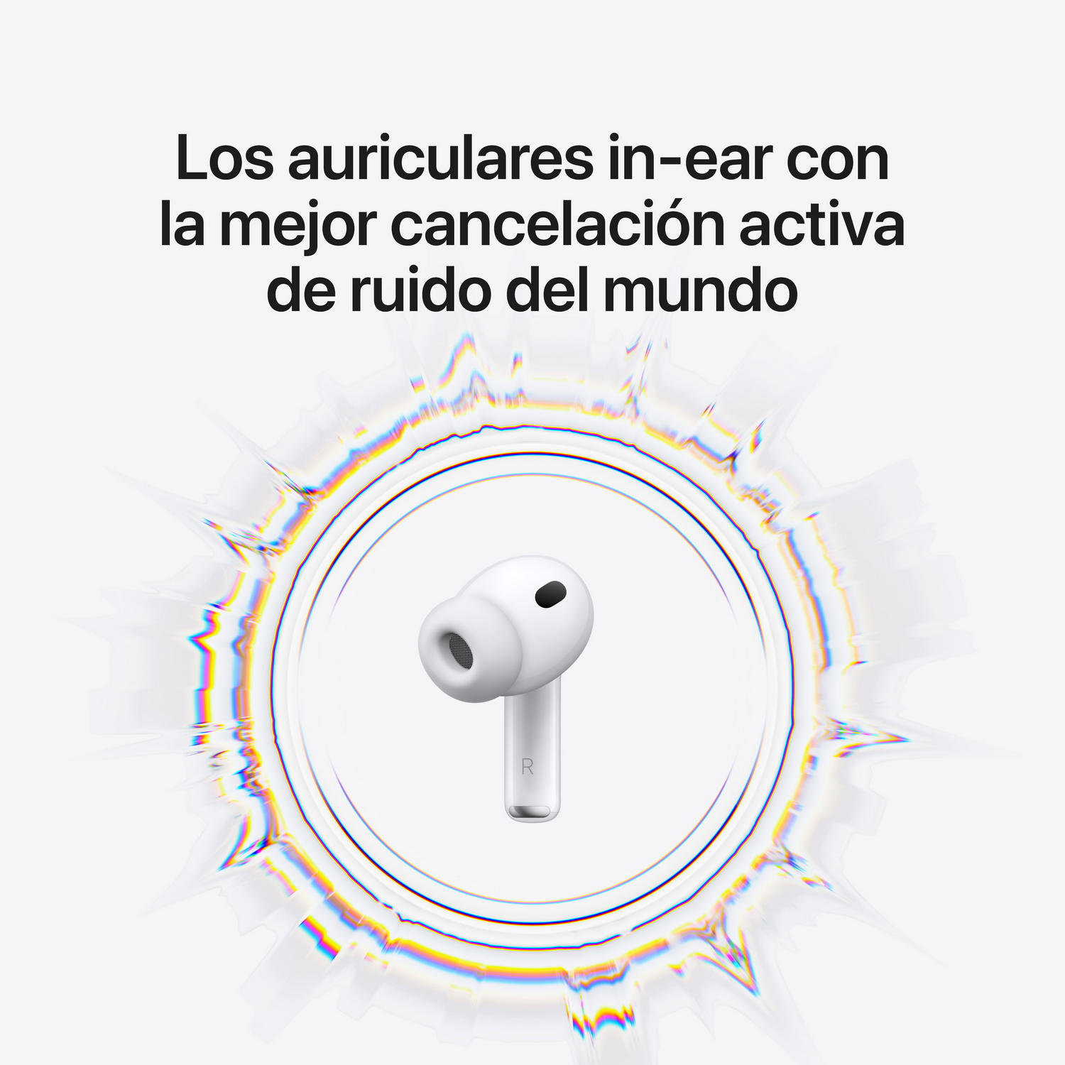 Auriculares internos blancos con la letra R, sobre fondo blanco con efecto de onda sonora y texto en español.