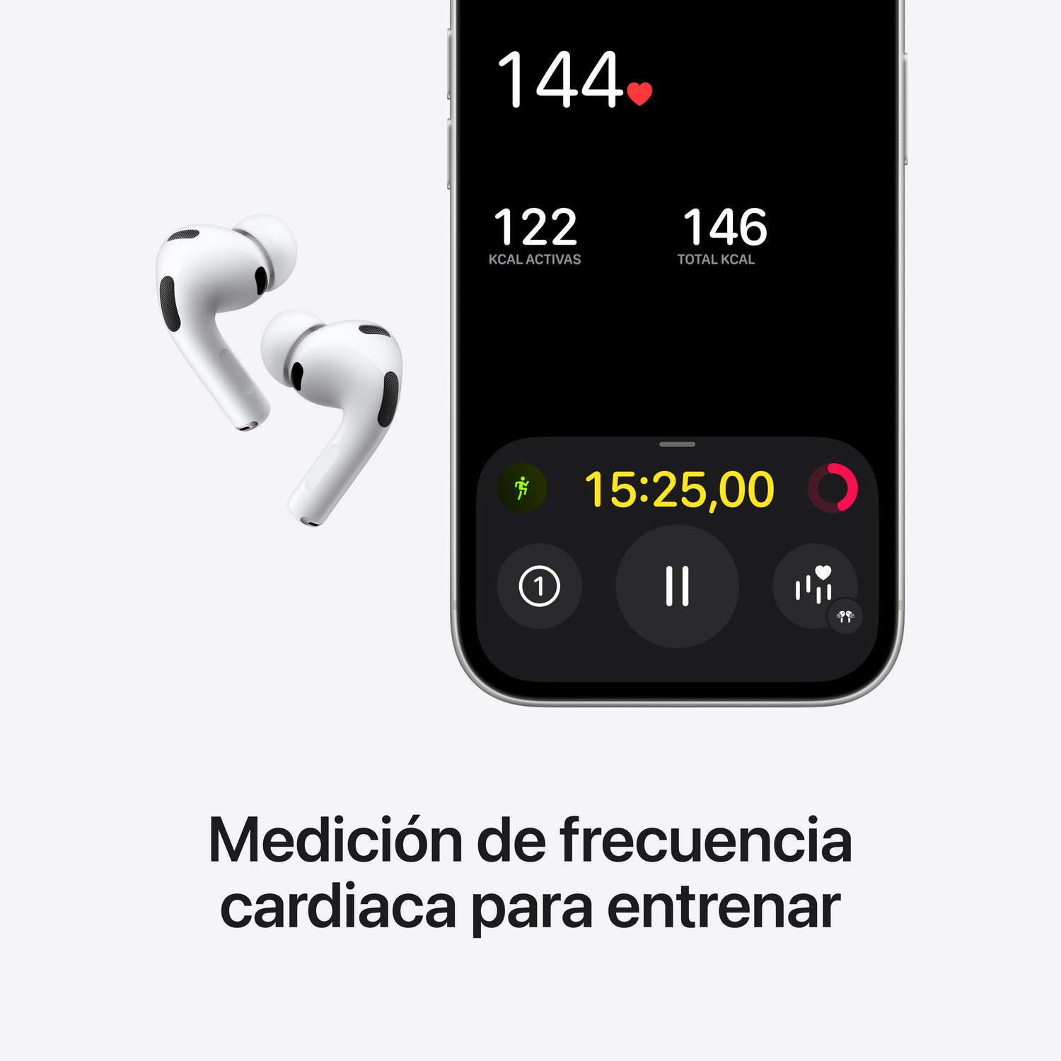 Auriculares blancos junto a un teléfono que muestra datos de frecuencia cardíaca. La pantalla muestra frecuencia cardíaca, calorías y tiempo de ejercicio.
