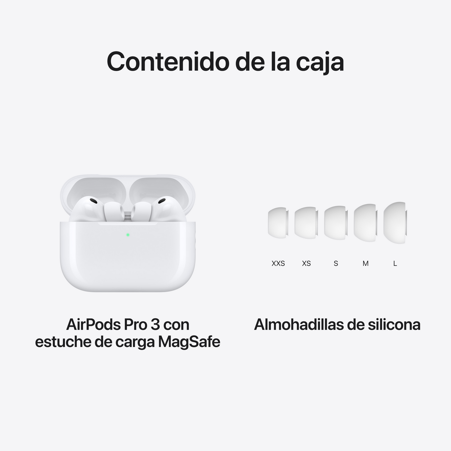 La imagen muestra los AirPods Pro 3 con estuche de carga MagSafe y almohadillas de silicona de diferentes tamaños. El texto dice 'Contenido de la caja'.