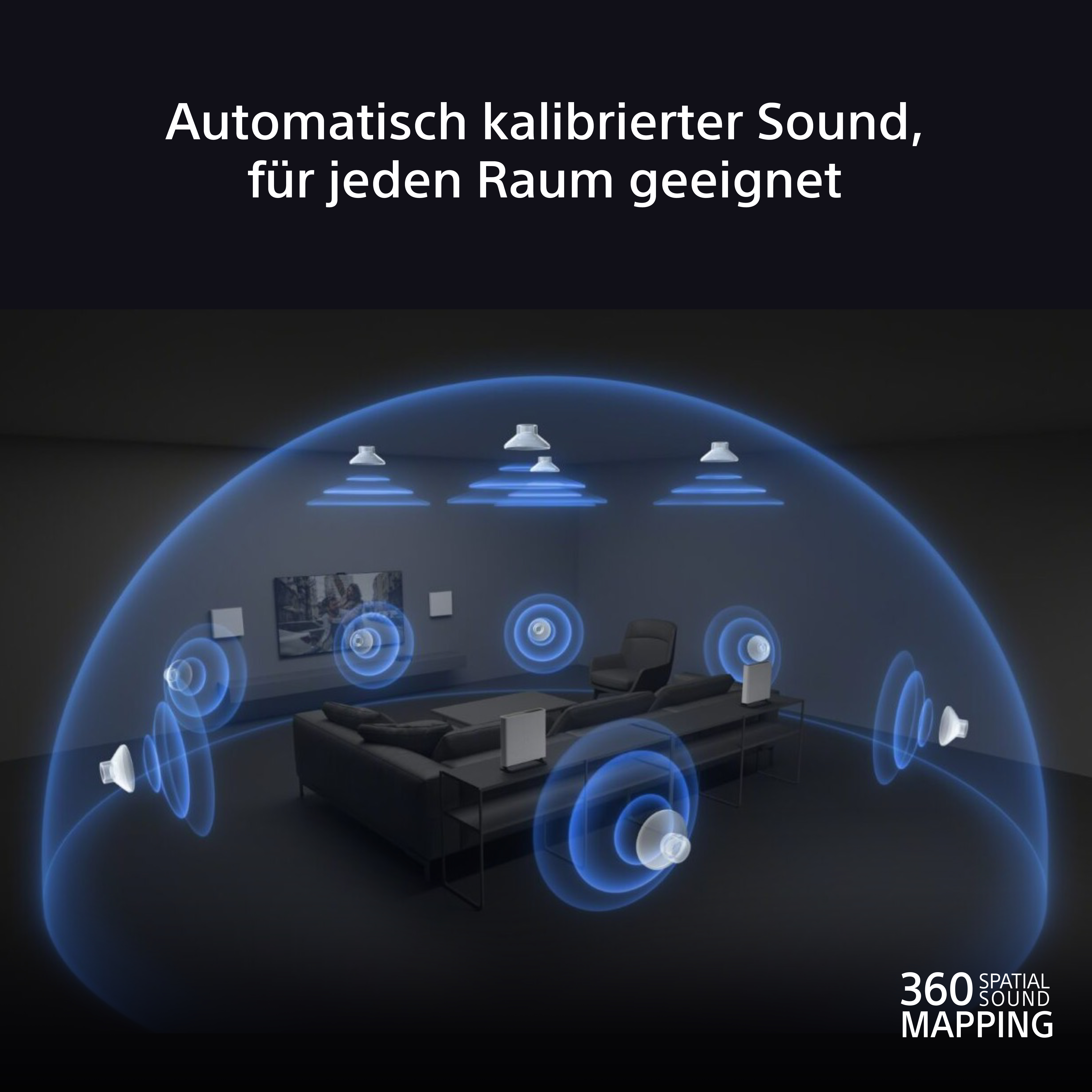 Wohnzimmer mit Schallwellen. Lautsprecher, Sofa, Fernseher und Lichter sind sichtbar. Text: 'Automatisch kalibrierter Sound, für jeden Raum geeignet.'