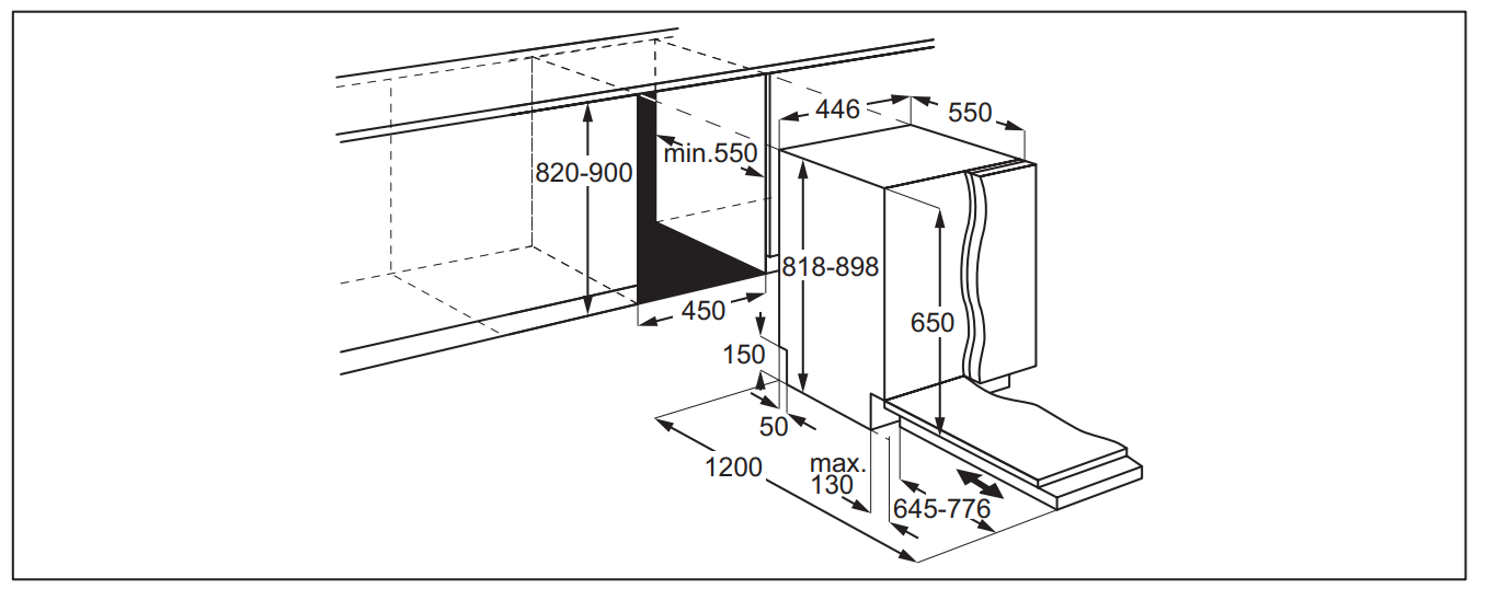 Egy készülék beszerelési méreteit ábrázoló diagram. Méretek: magasság, szélesség, mélység mm-ben.