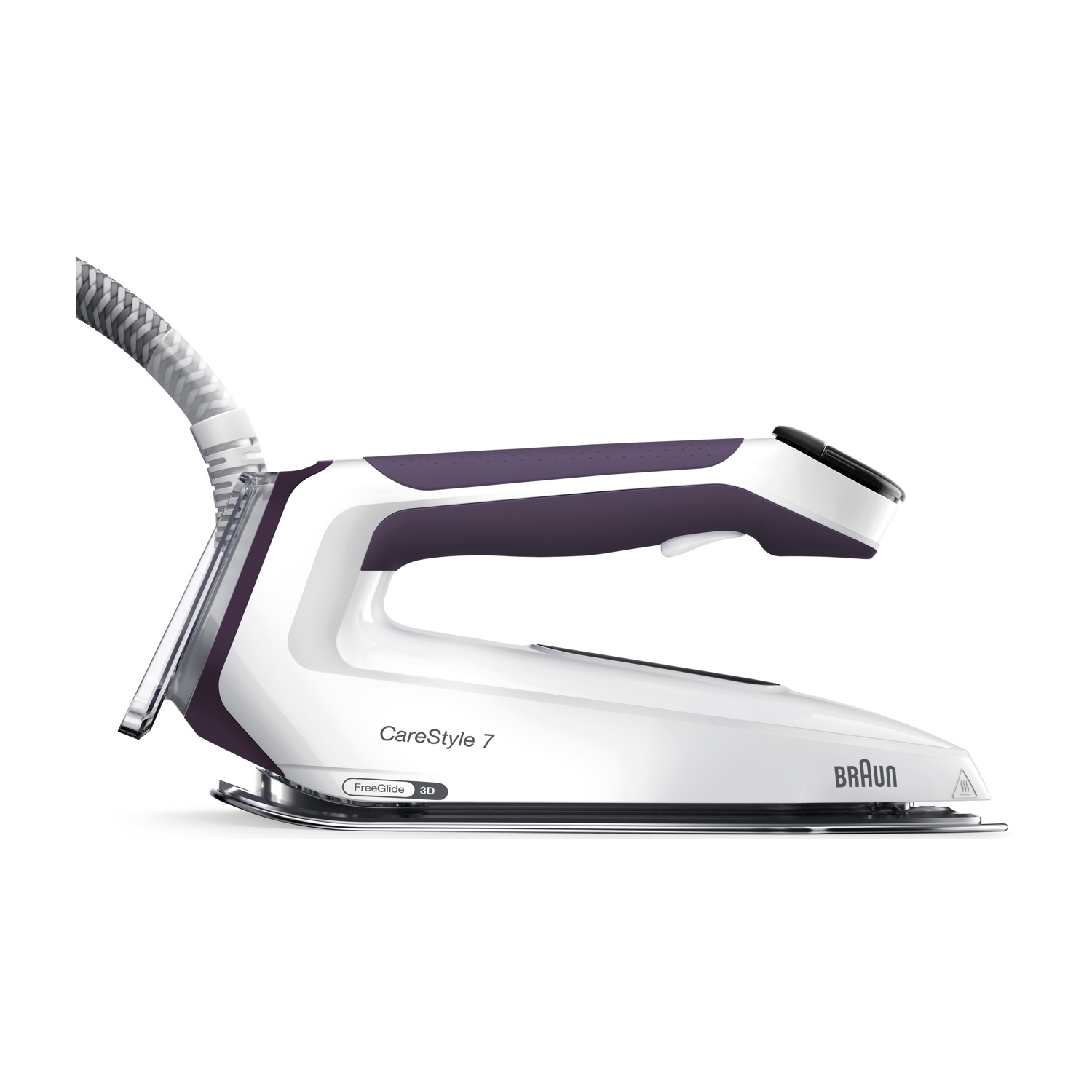 Un ferro da stiro Braun bianco e viola. Ha un manico curvo, una base argentata e un tubo flessibile. Il ferro riporta 'CareStyle 7'.