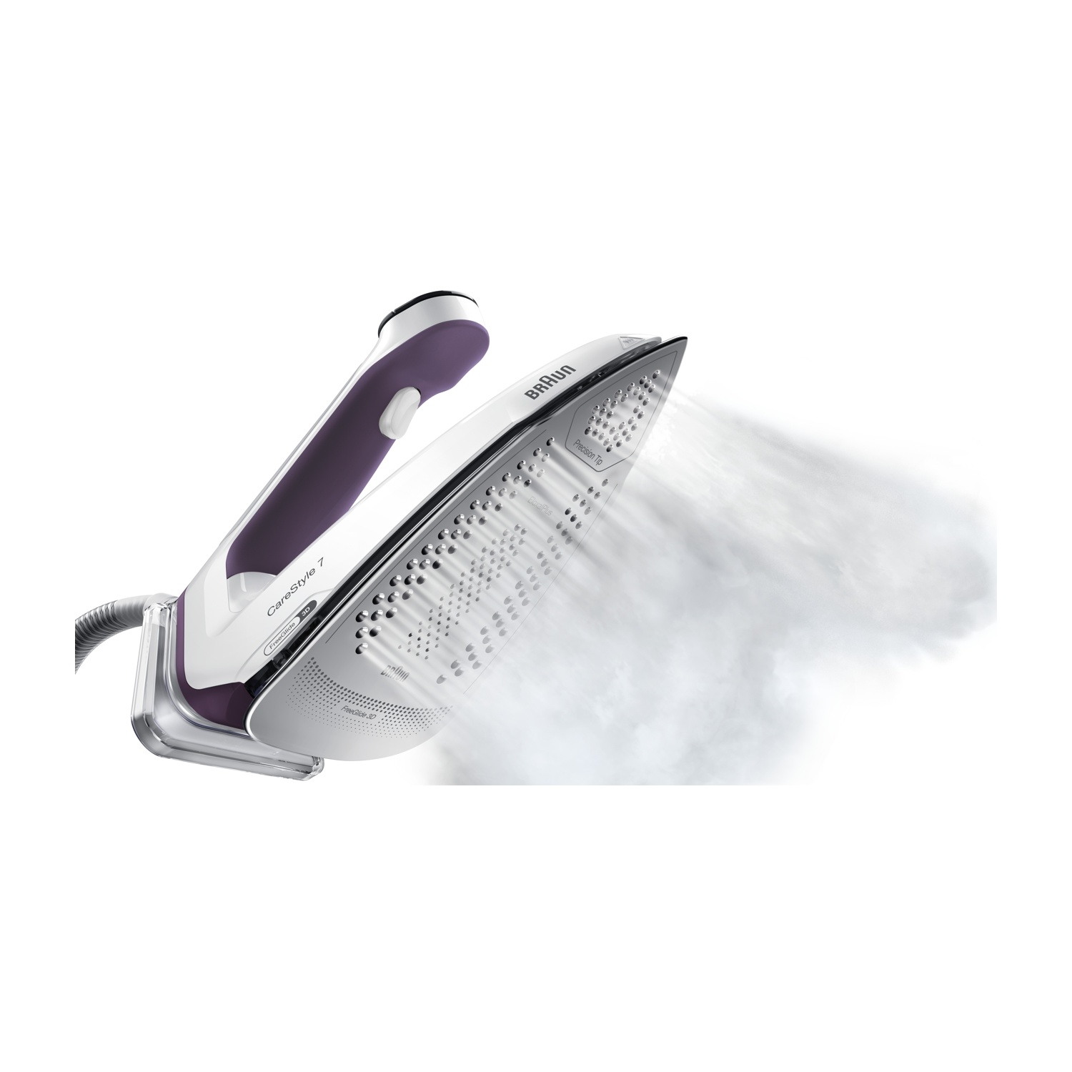 Un ferro da stiro Braun bianco e viola che emette vapore. Il ferro ha una base bianca, un manico viola ed è angolato. Esce vapore.