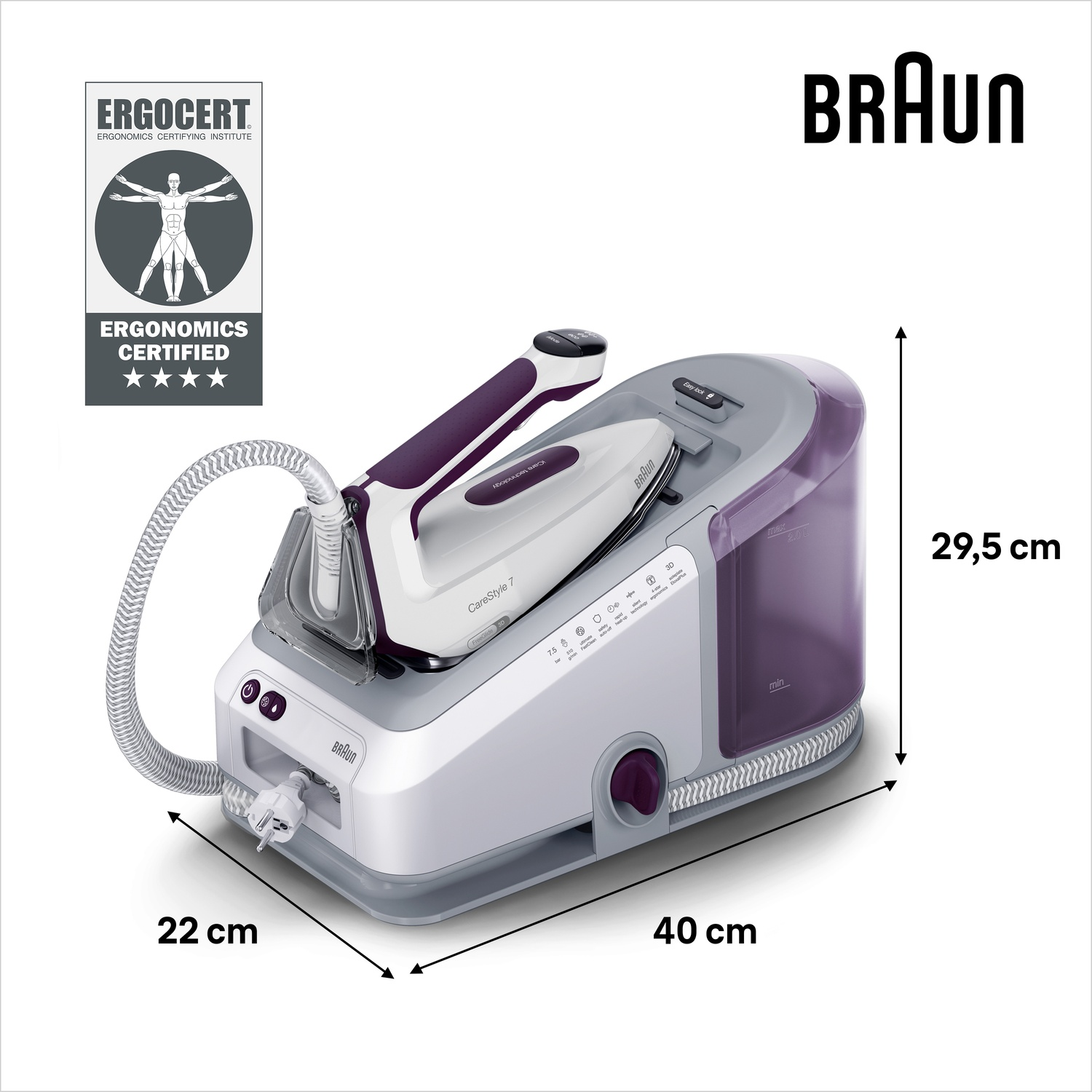Un ferro da stiro a vapore Braun CareStyle 7. È bianco e viola, con dimensioni indicate. Un sigillo Ergocert è in alto a sinistra.