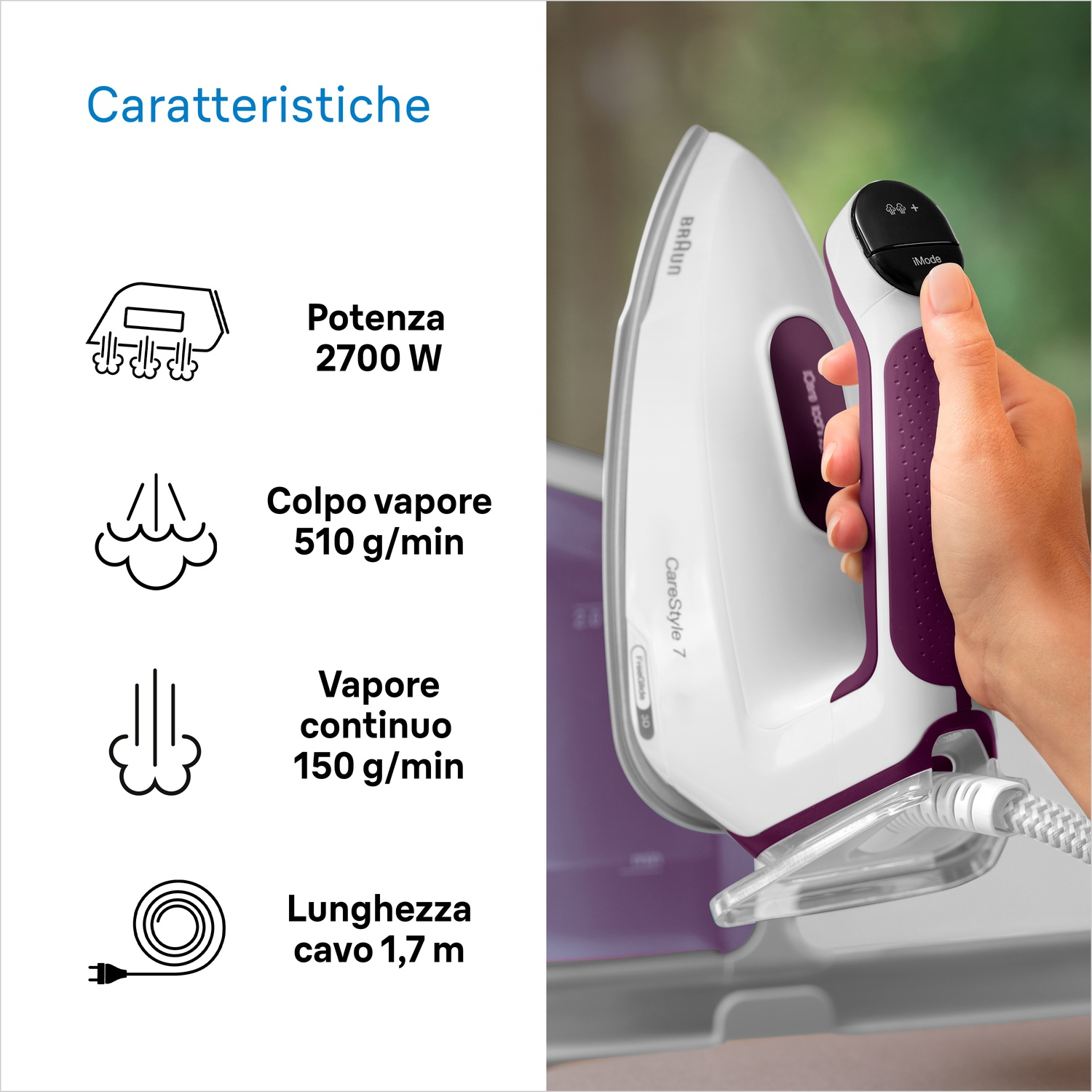 Un ferro da stiro bianco e viola tenuto in mano. Specifiche: 2700W, colpo di vapore 510 g/min e cavo da 1,7 m. L'etichetta dice 'CareStyle 7'.
