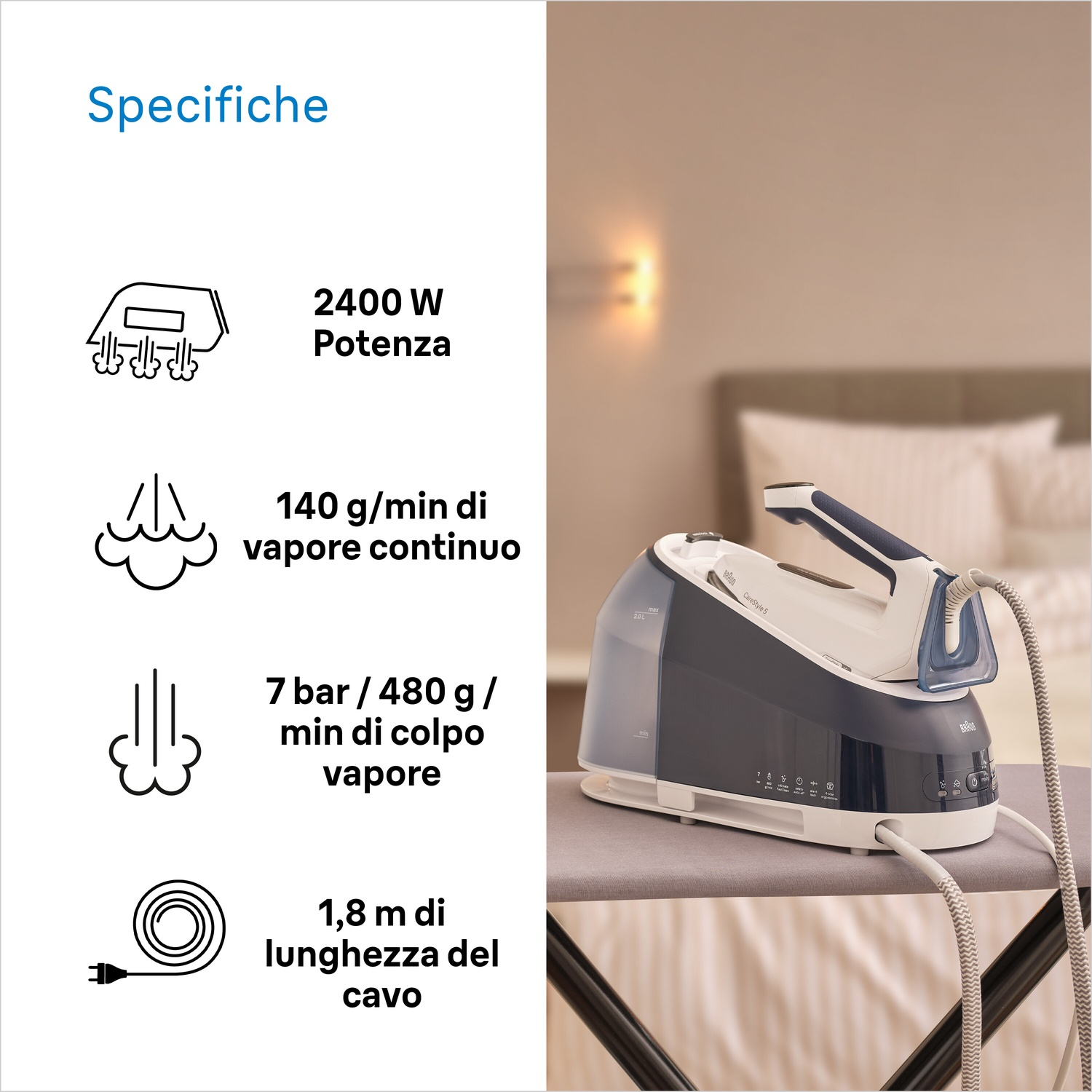 Un ferro da stiro con specifiche: 2400W, 140 g/min vapore continuo, 7 bar/480 g/min colpo di vapore, cavo 1.8m. Asse e sfondo sfocato.
