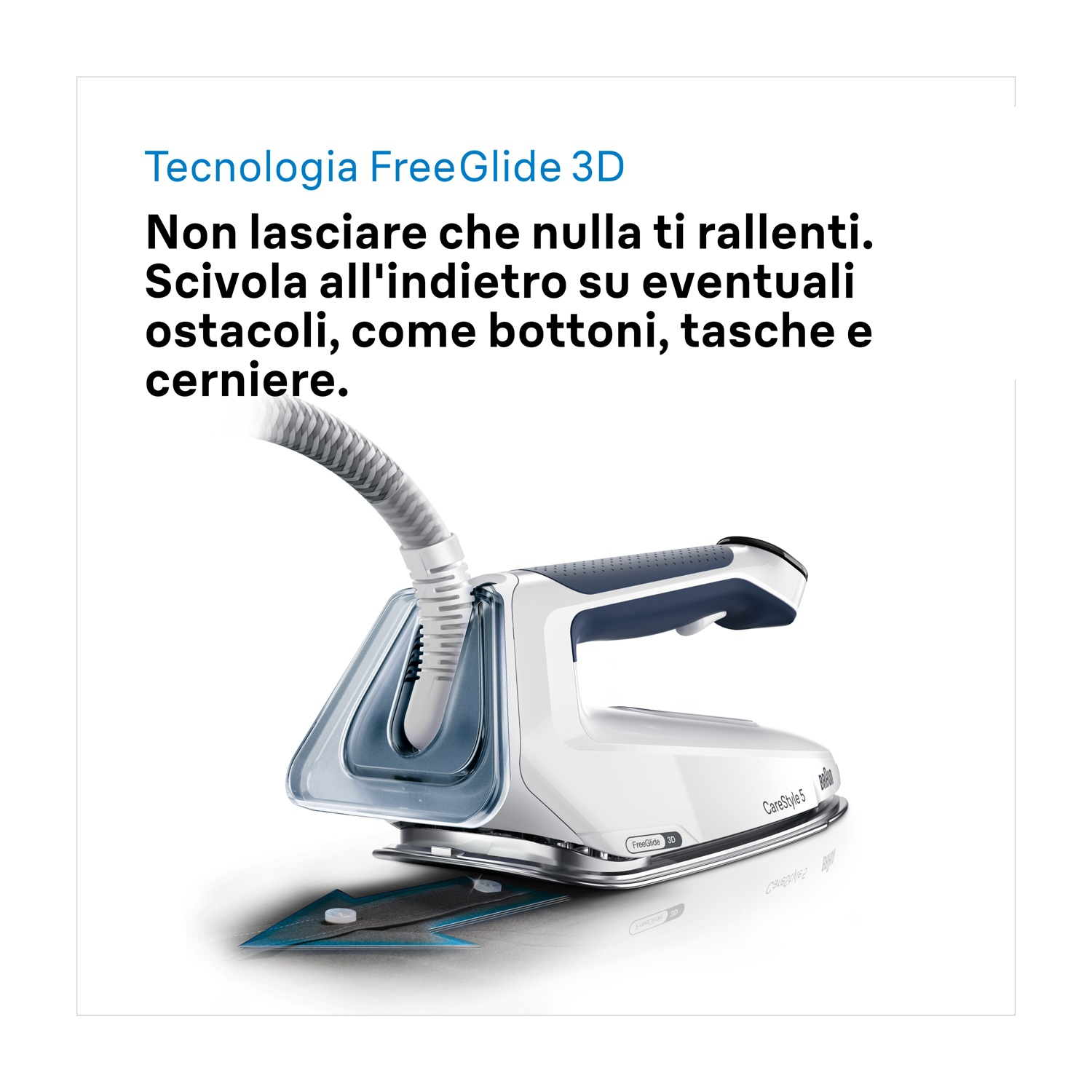 Un ferro da stiro bianco e blu con una suola argentata. Ha un tubo collegato e si trova su una superficie bianca con testo sopra.