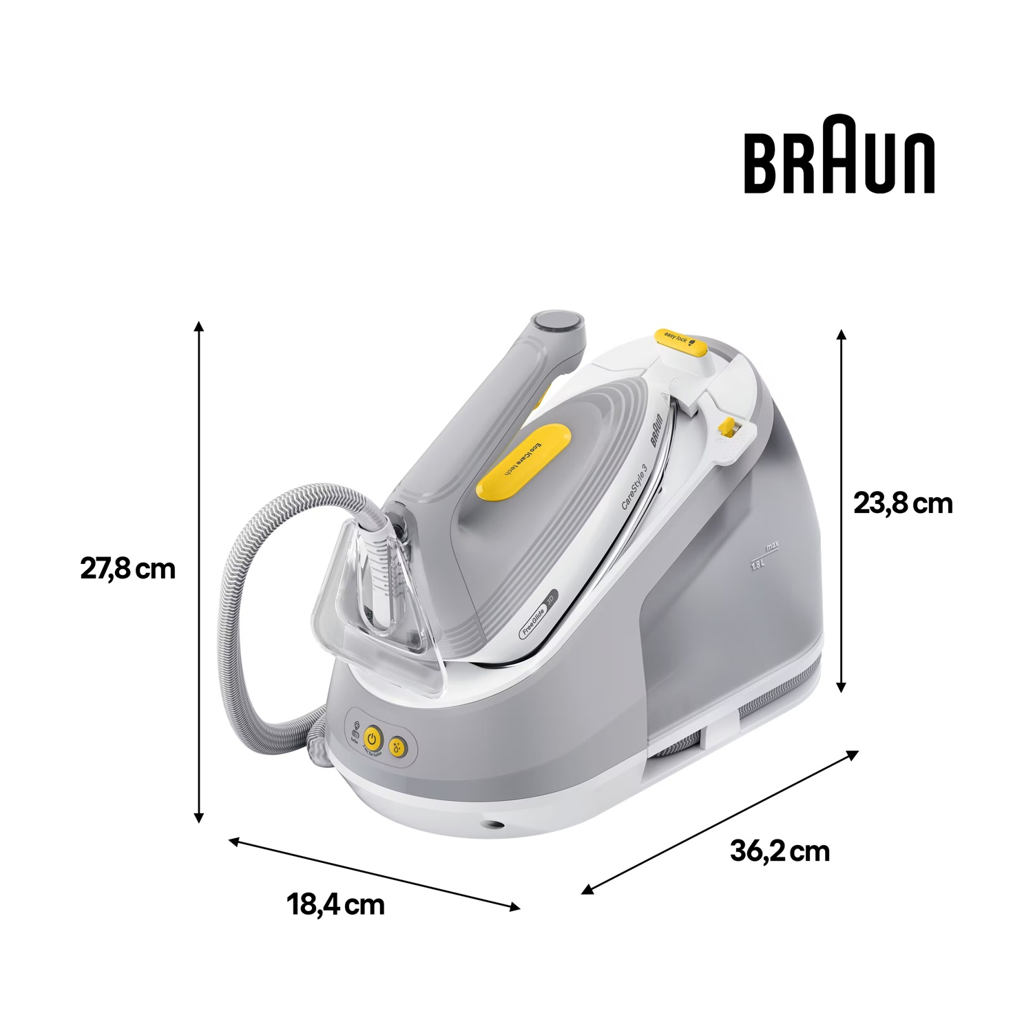 Una stiratrice a vapore Braun CareStyle 3 grigia e bianca con dimensioni. Il logo Braun è in alto a destra.