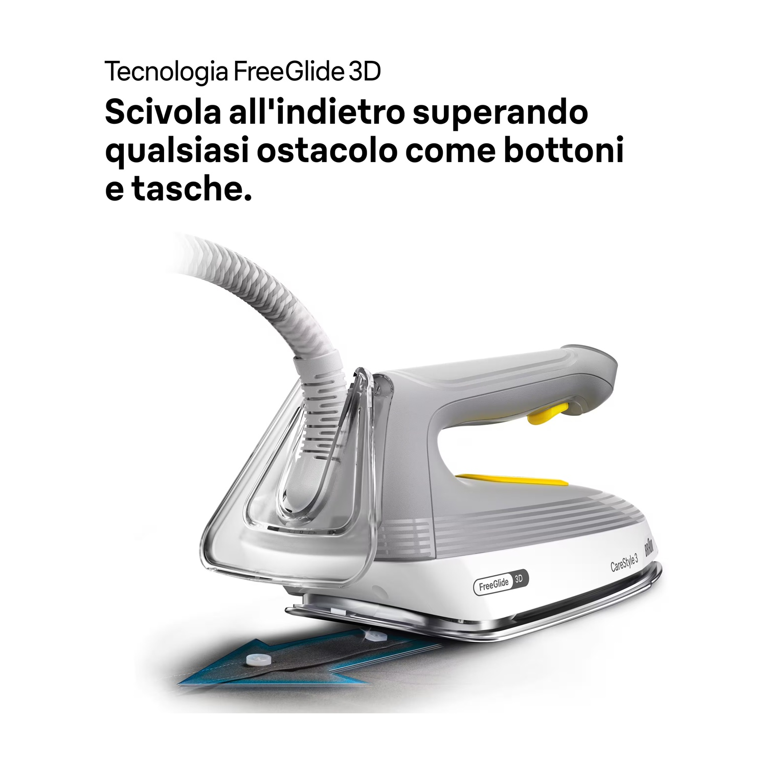 Un ferro da stiro grigio e bianco con una parte in plastica trasparente. Il testo in alto dice 'FreeGlide 3D' e 'Scivola all'indietro superando'.
