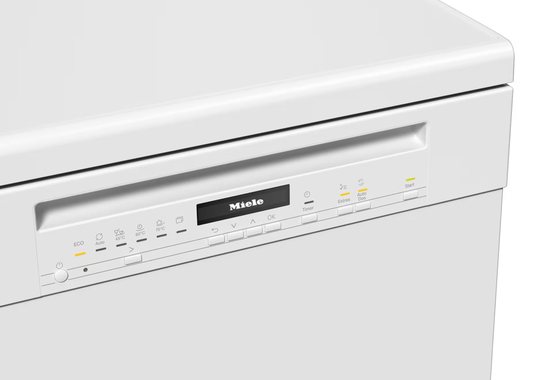 Panel de control blanco de lavavajillas Miele. Muestra opciones como ECO, Auto y ajustes de temperatura, junto con un temporizador y botón de inicio.