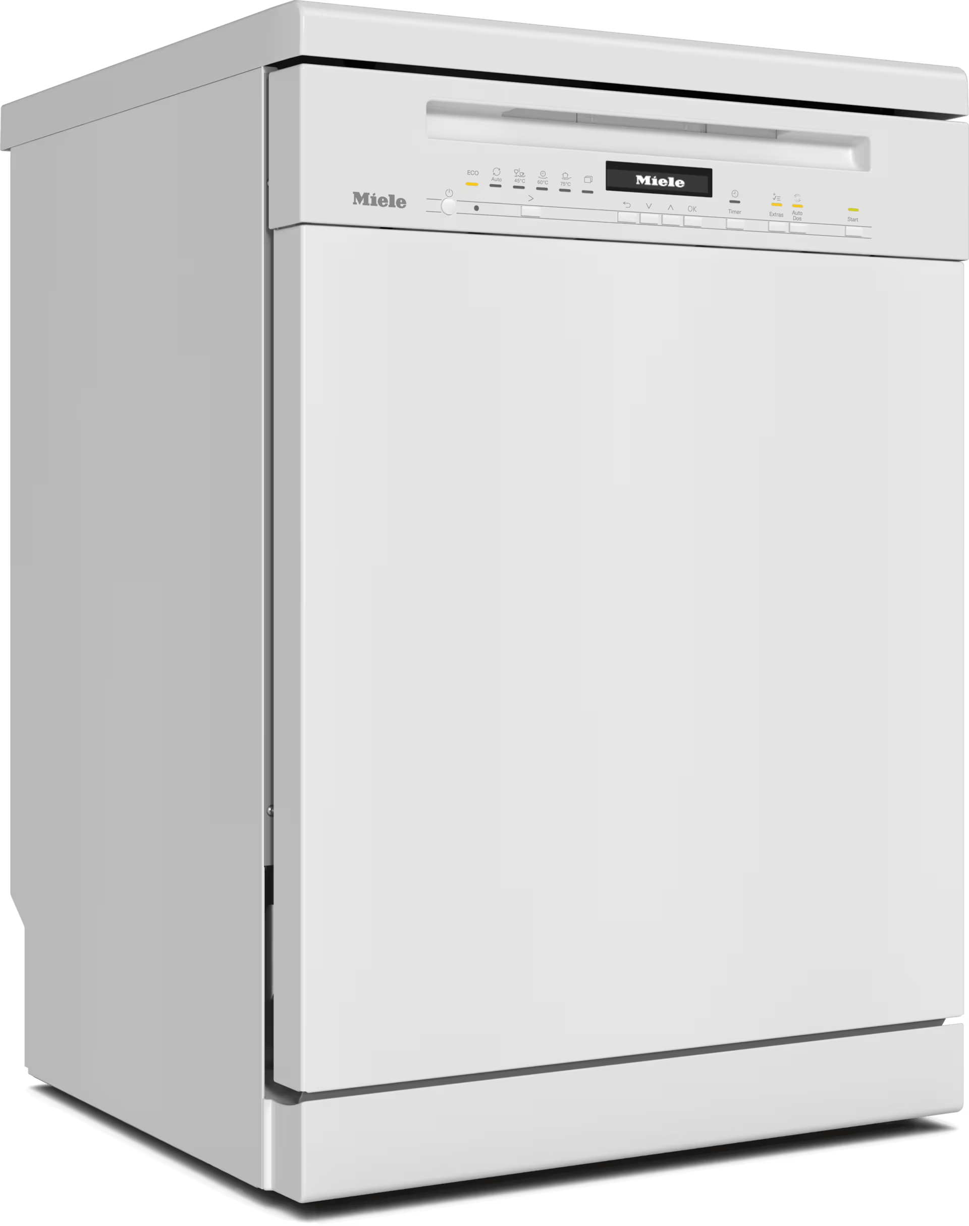 Un lavavajillas Miele blanco. El panel de control tiene botones y una pantalla. La marca es visible.