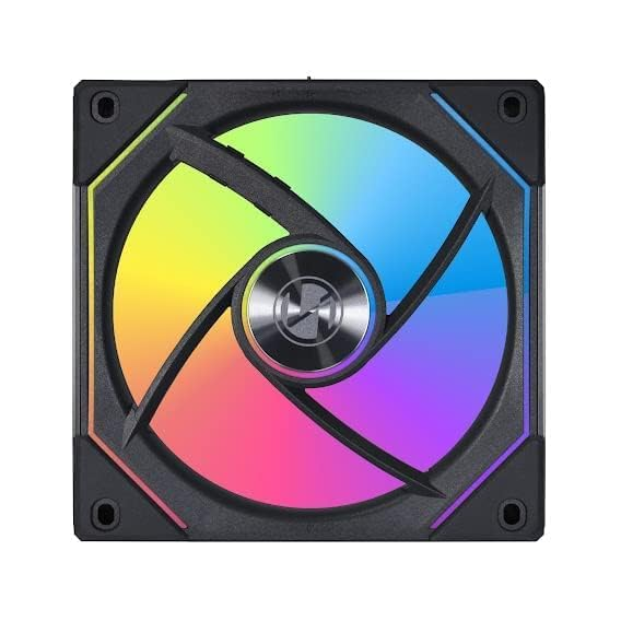 Ein Computerlüfter mit schwarzem Rahmen und einer Regenbogenfarbenen Lichtanzeige. Die Mitte hat ein silbernes Logo.