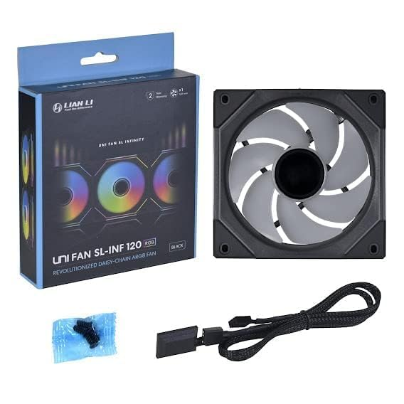 Ein Computer-Lüfter-Set mit Box, Lüfter, Schrauben und Kabel. Der Lüfter hat graue Flügel und einen schwarzen Rahmen. Die Box ist schwarz und blau.
