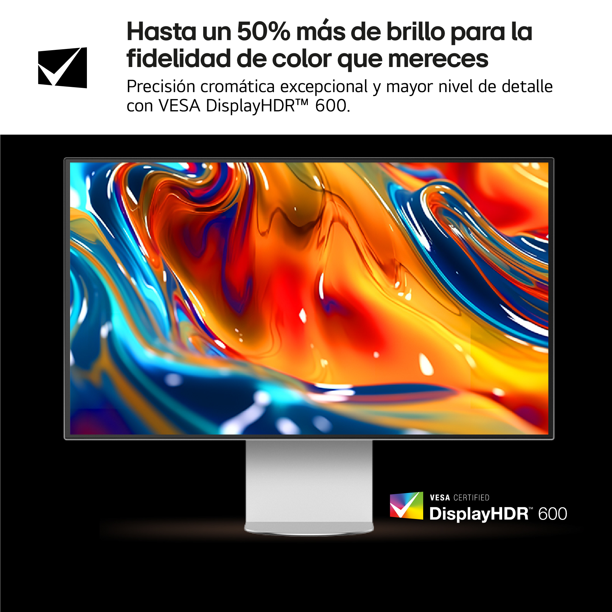 Un monitor muestra arte abstracto colorido. El texto superior dice fidelidad de color. La esquina inferior derecha tiene un logo DisplayHDR.
