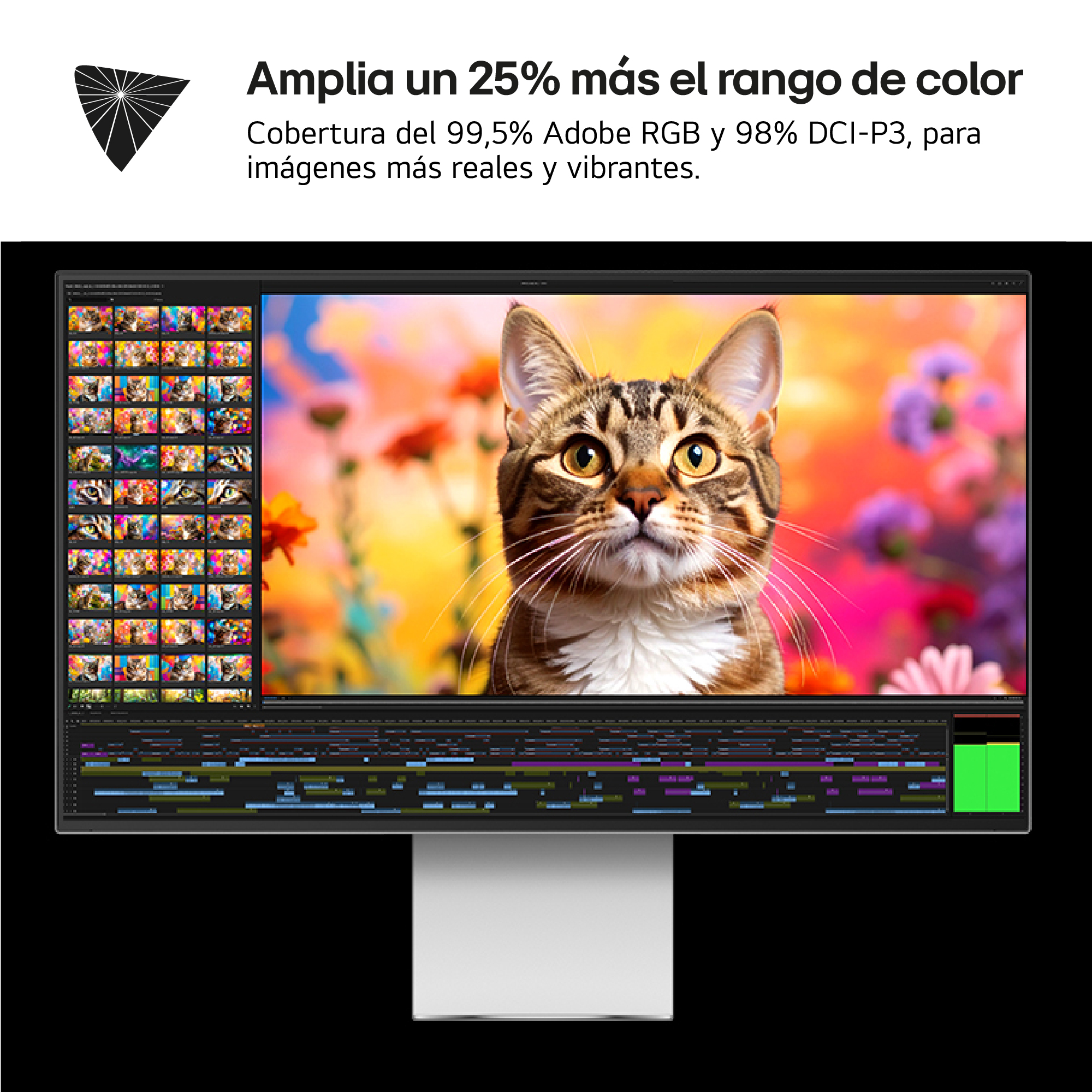 Un monitor de computadora muestra una imagen de gato. El texto indica un rango de color un 25% más amplio y una cobertura del 99,5% de Adobe RGB.