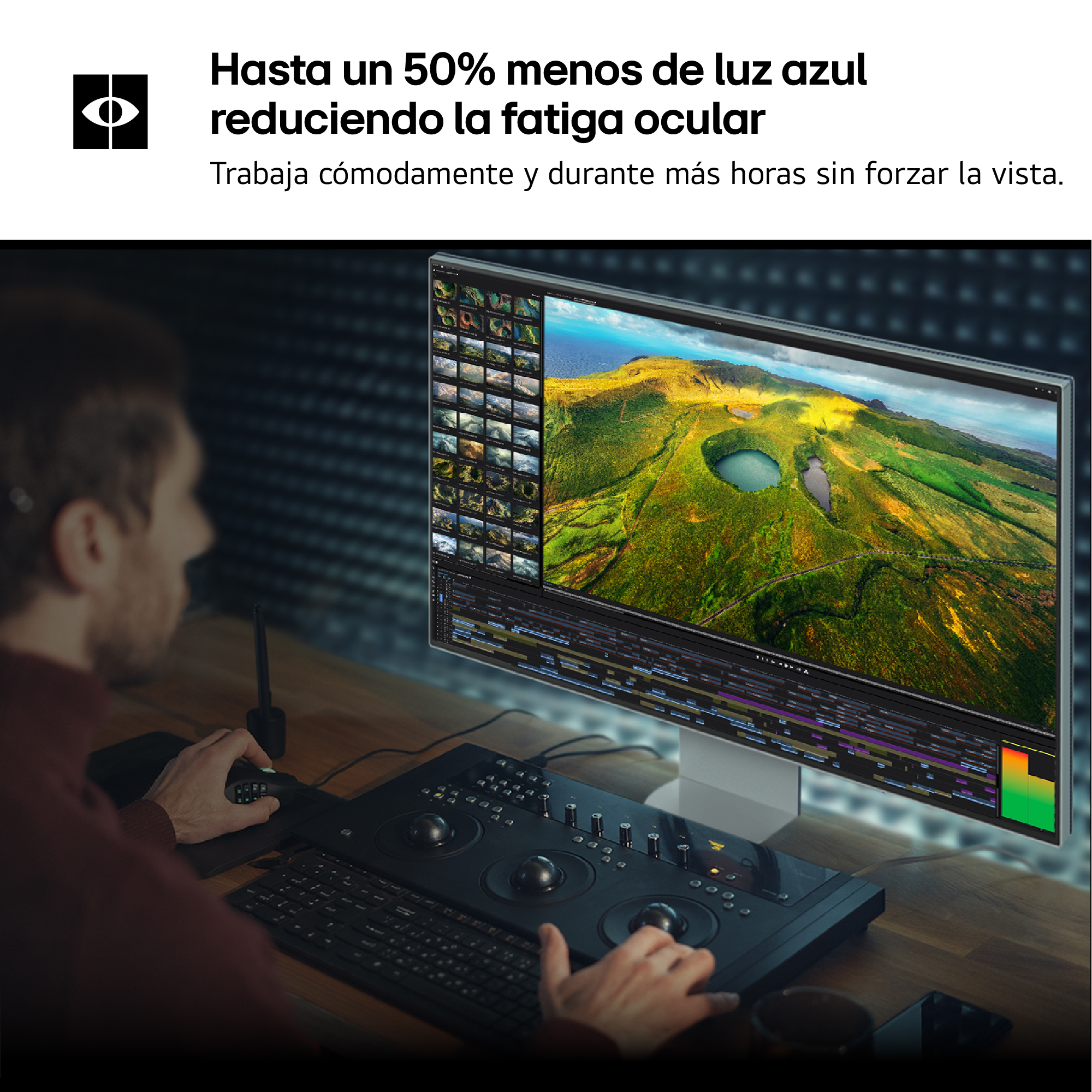 Una persona trabaja en una computadora editando un video. La pantalla muestra un paisaje.