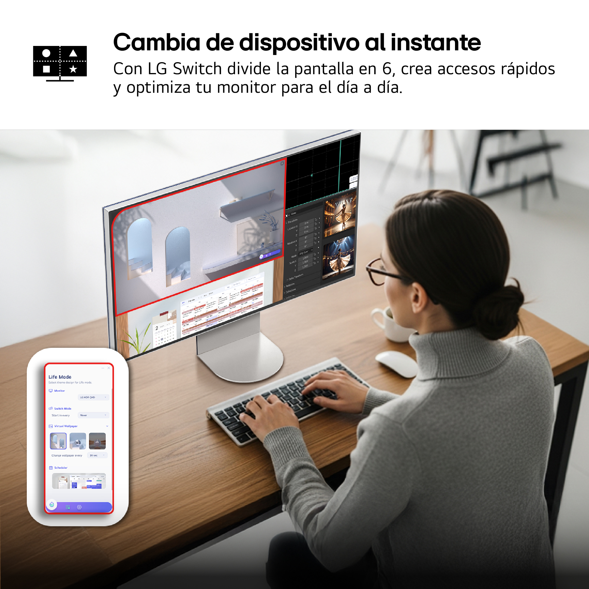 Una mujer usa una computadora con un monitor grande. La pantalla está dividida y muestra varias aplicaciones.