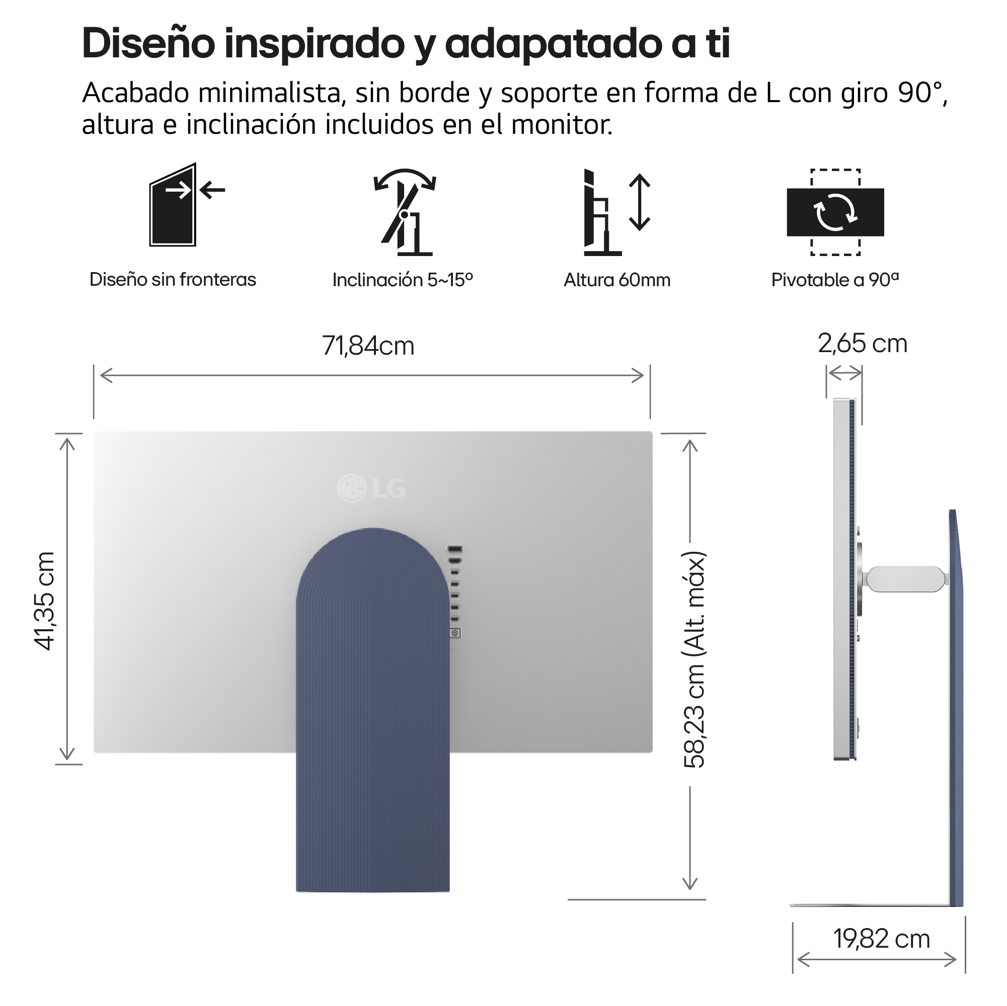 Un monitor con dimensiones y características mostradas con texto. Tiene un soporte azul y una pantalla gris.