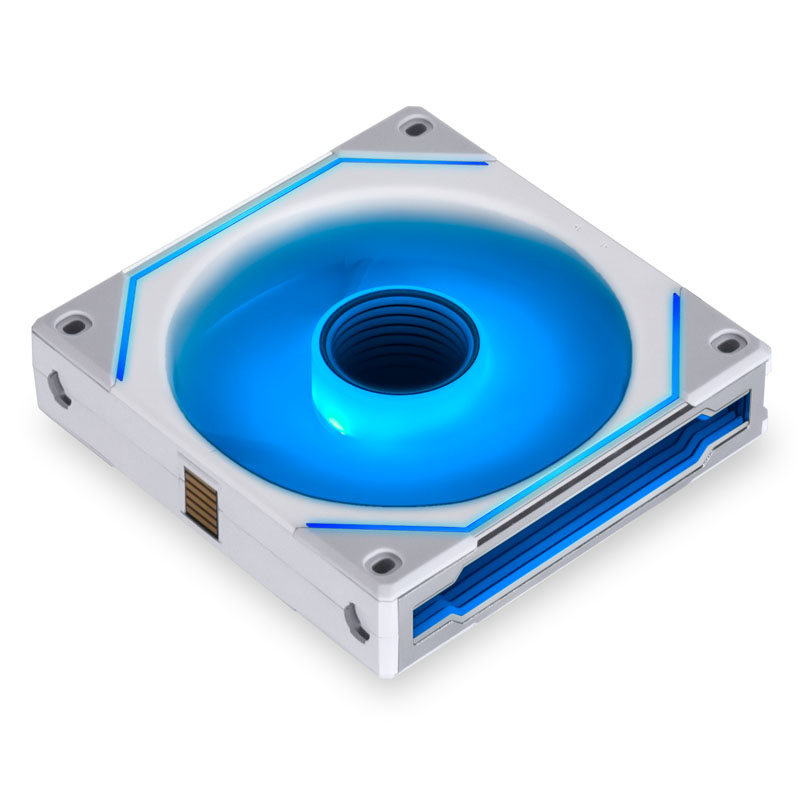 Ein Computerlüfter mit weißem Rahmen und blau leuchtender Mitte. Die Mitte hat ein kreisförmiges Design. Die Ecken haben Löcher.